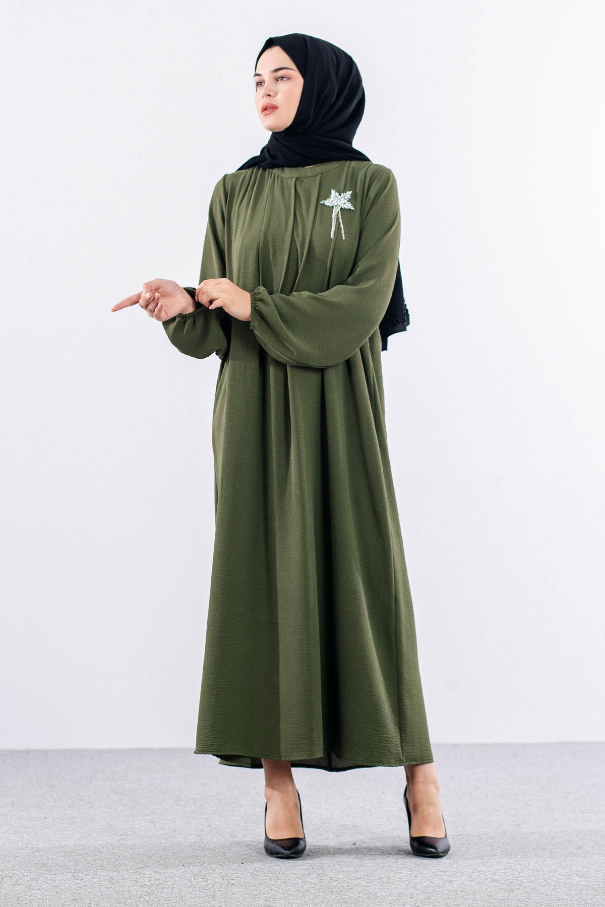 25228 Elbise 44-46-48 Ae Bros Detay - Haki - 1