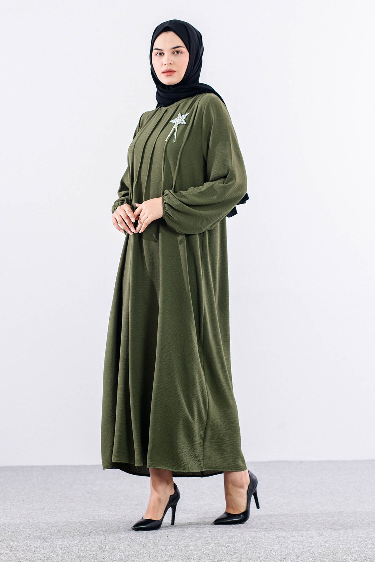 25228 Elbise 44-46-48 Ae Bros Detay - Haki - 3