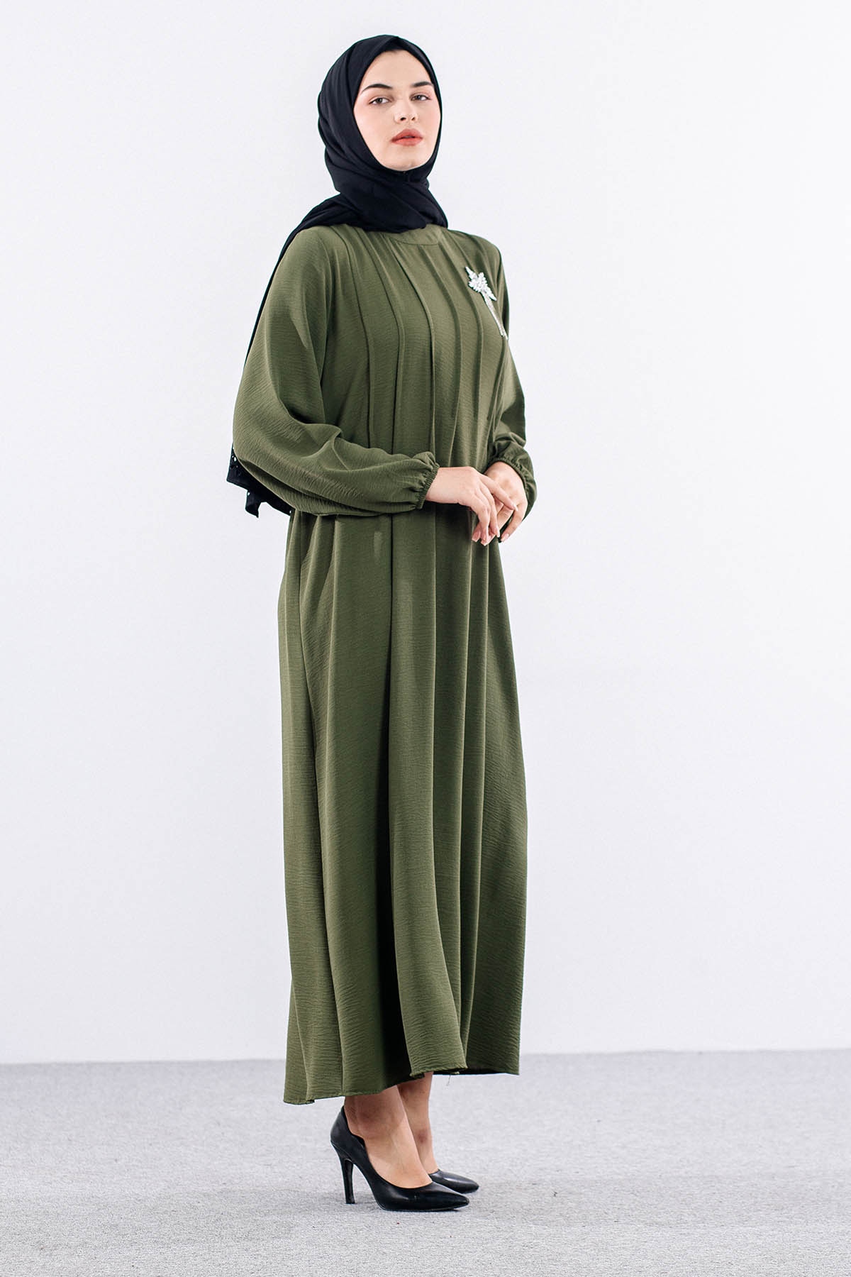 25228 Elbise 44-46-48 Ae Bros Detay - Haki - 4