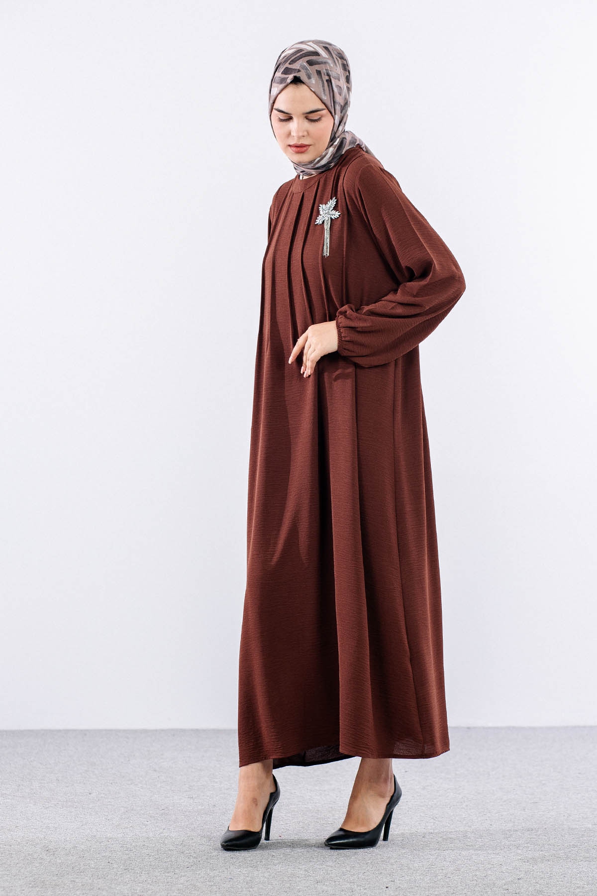 25228 Elbise 44-46-48 Ae Bros Detay - Kahve - 3