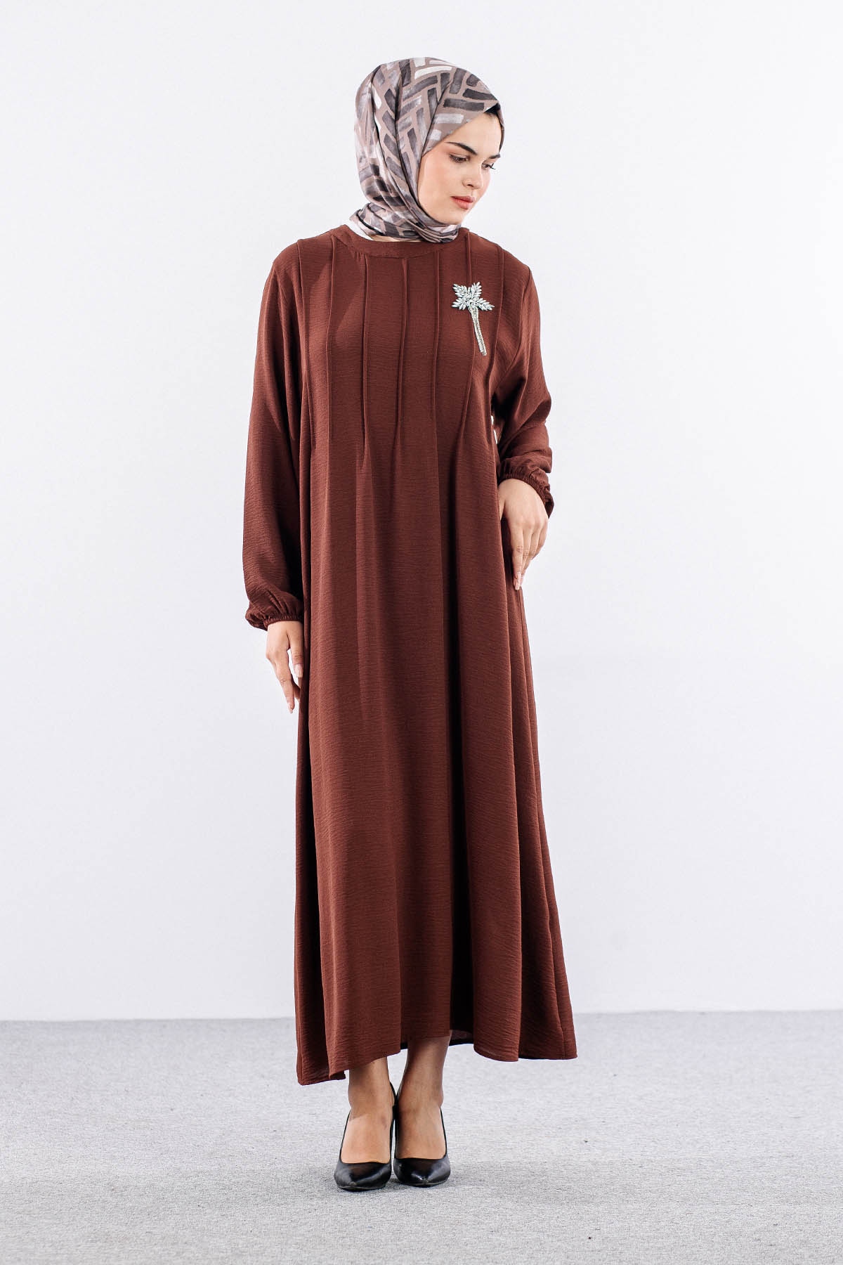 25228 Elbise 44-46-48 Ae Bros Detay - Kahve - 5