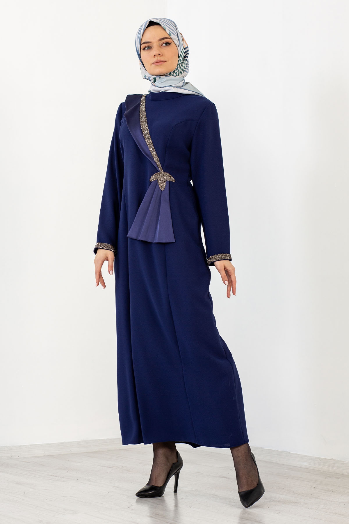 2544 Taş Detay Elbise 40-50 - Indigo - 1