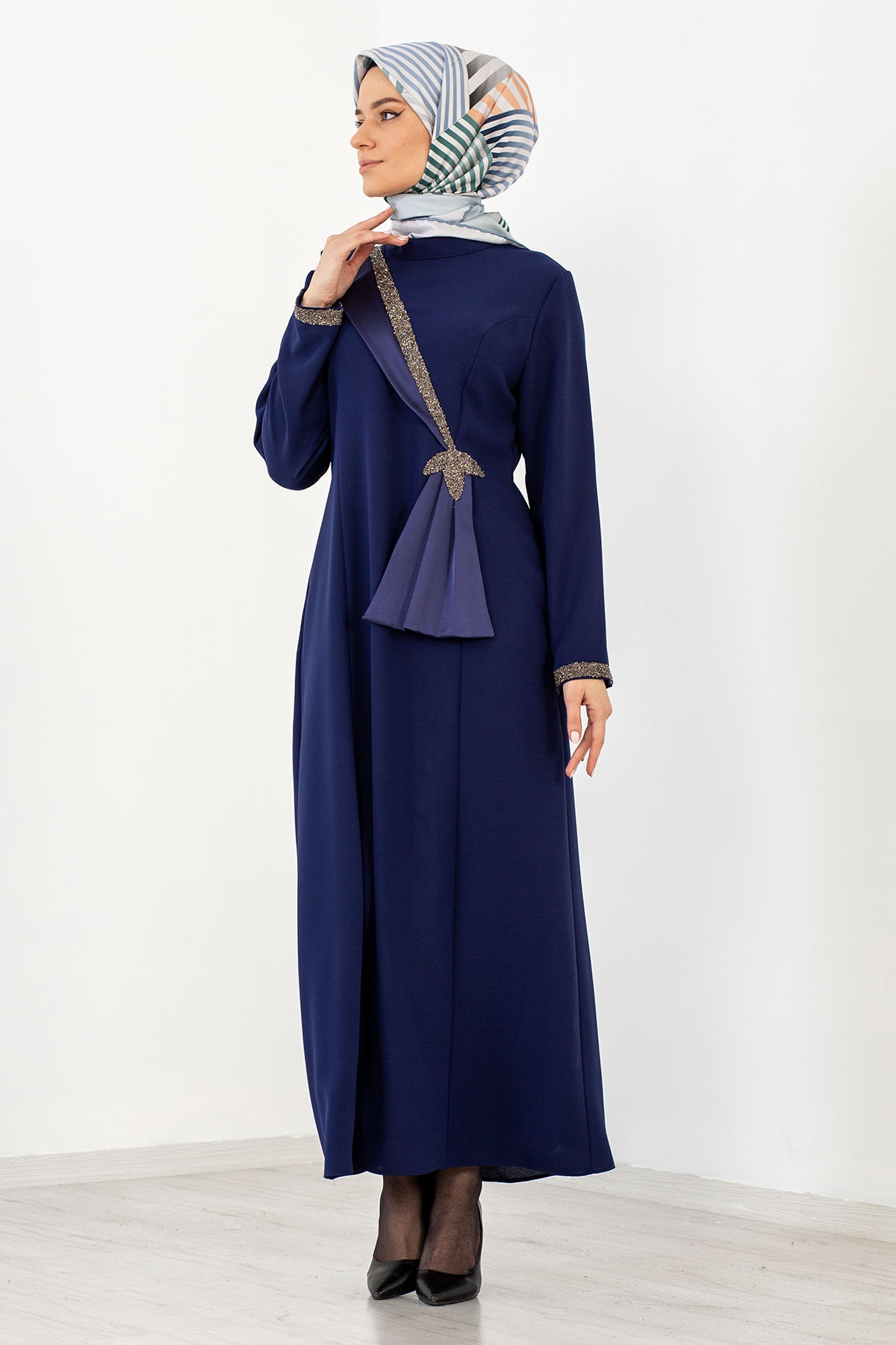 2544 Taş Detay Elbise 40-50 - Indigo - 2