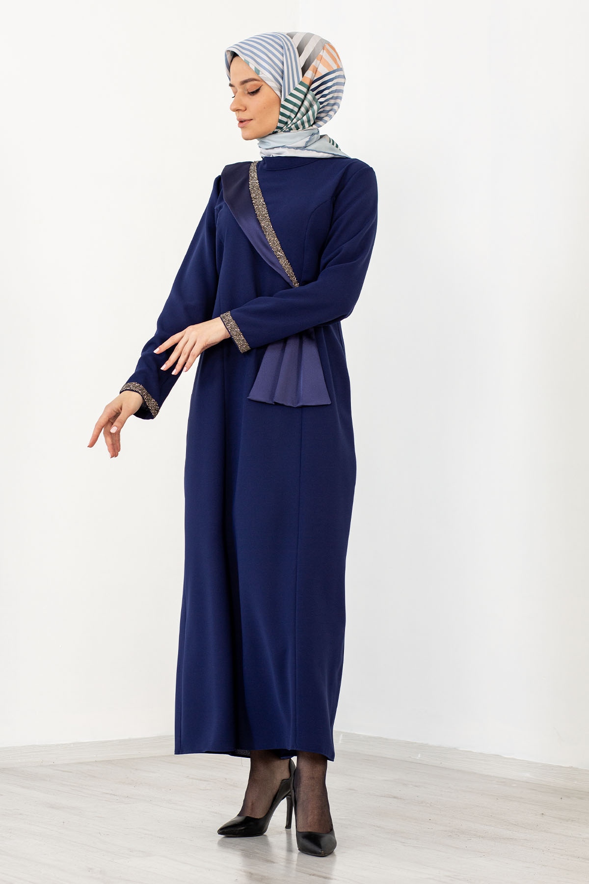 2544 Taş Detay Elbise 40-50 - Indigo - 3