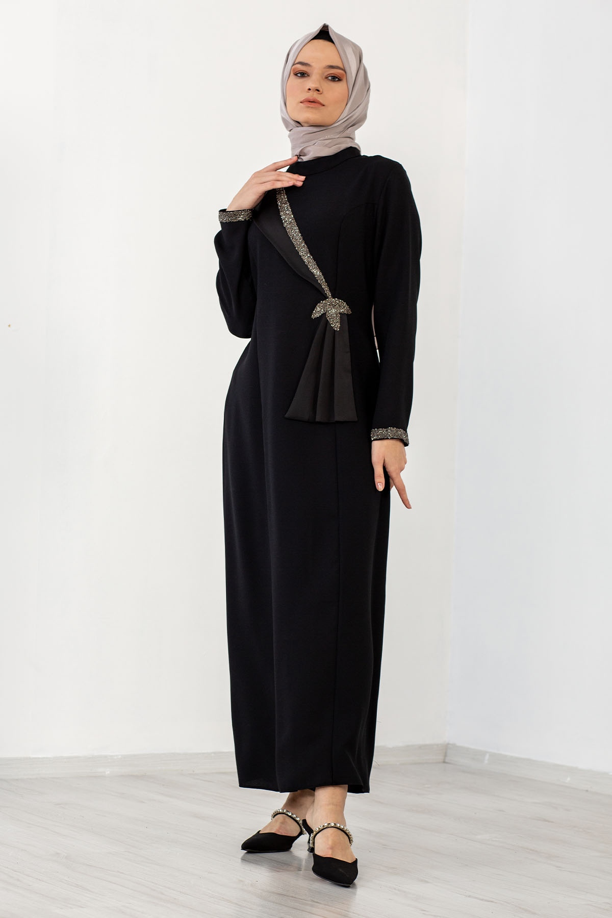 2544 Taş Detay Elbise 40-50 - Siyah - 1