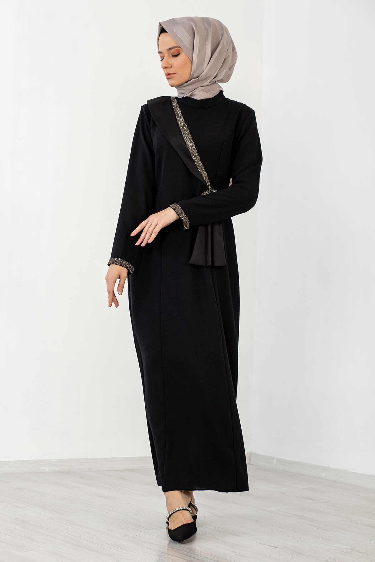 2544 Taş Detay Elbise 40-50 - Siyah - 2