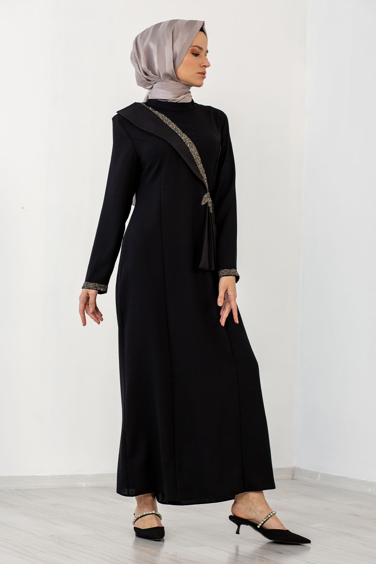 2544 Taş Detay Elbise 40-50 - Siyah - 3