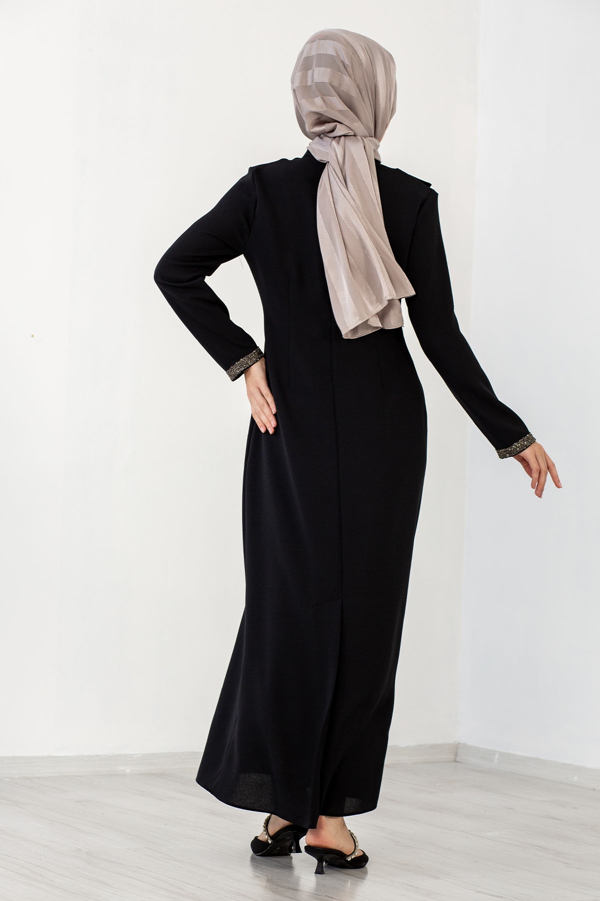 2544 Taş Detay Elbise 40-50 - Siyah - 4