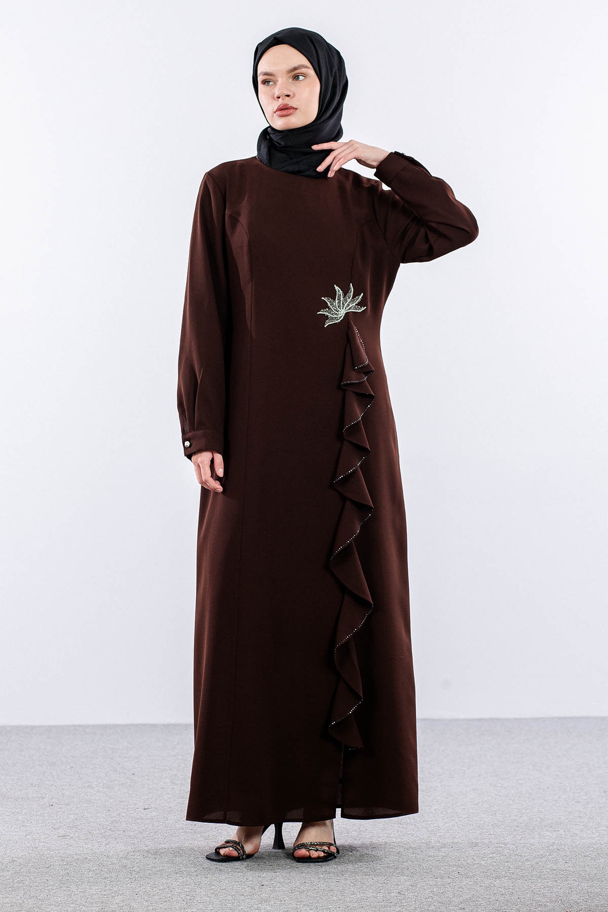 2547 Elbise 44-52 Şık Volan Detay - Kahve - 1