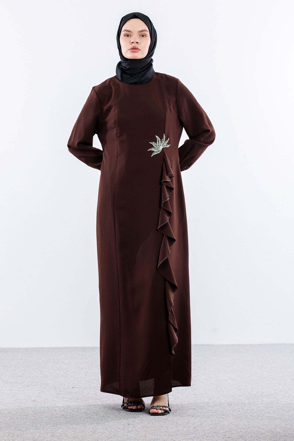 2547 Elbise 44-52 Şık Volan Detay - Kahve - 2