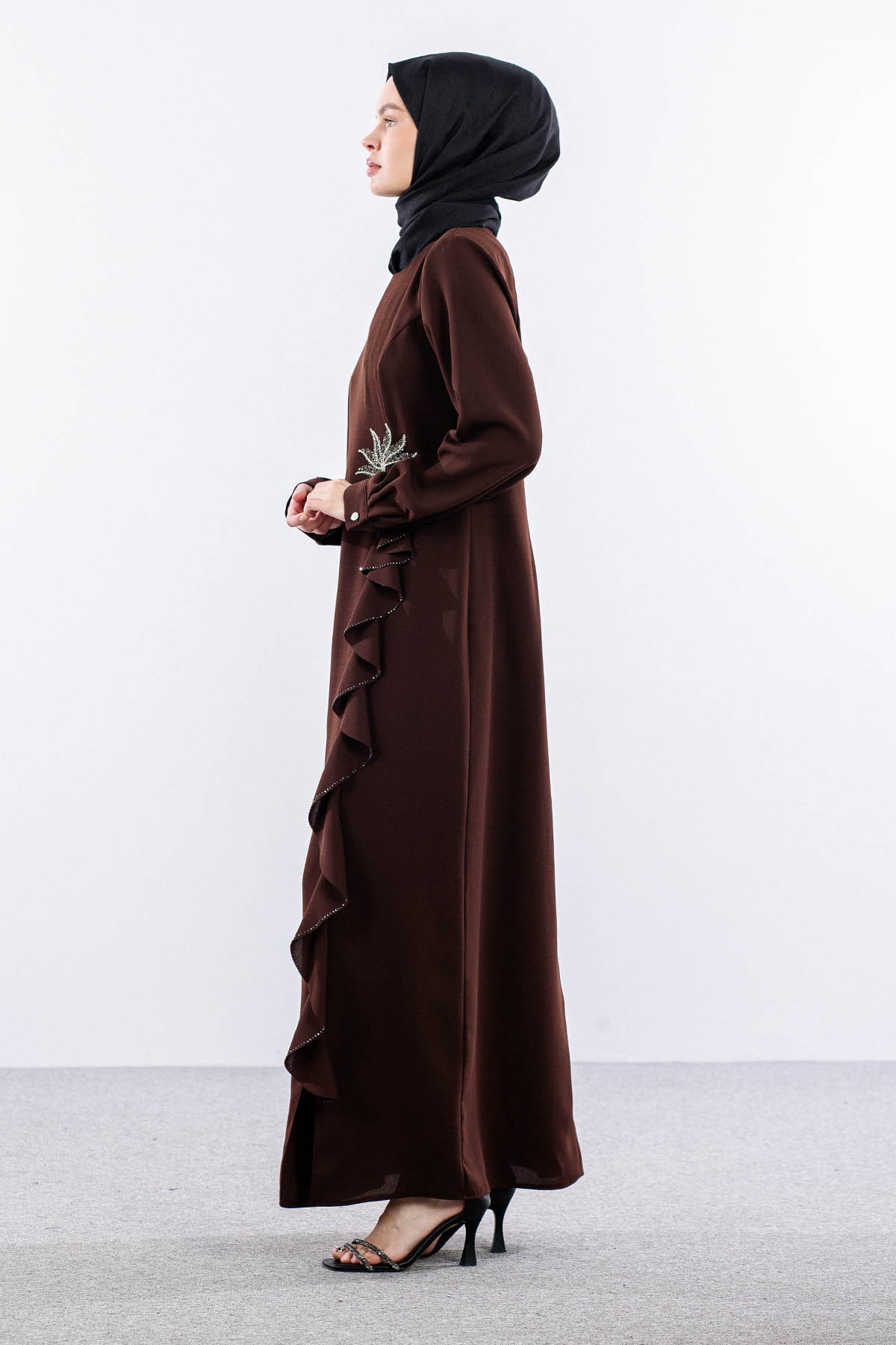 2547 Elbise 44-52 Şık Volan Detay - Kahve - 3