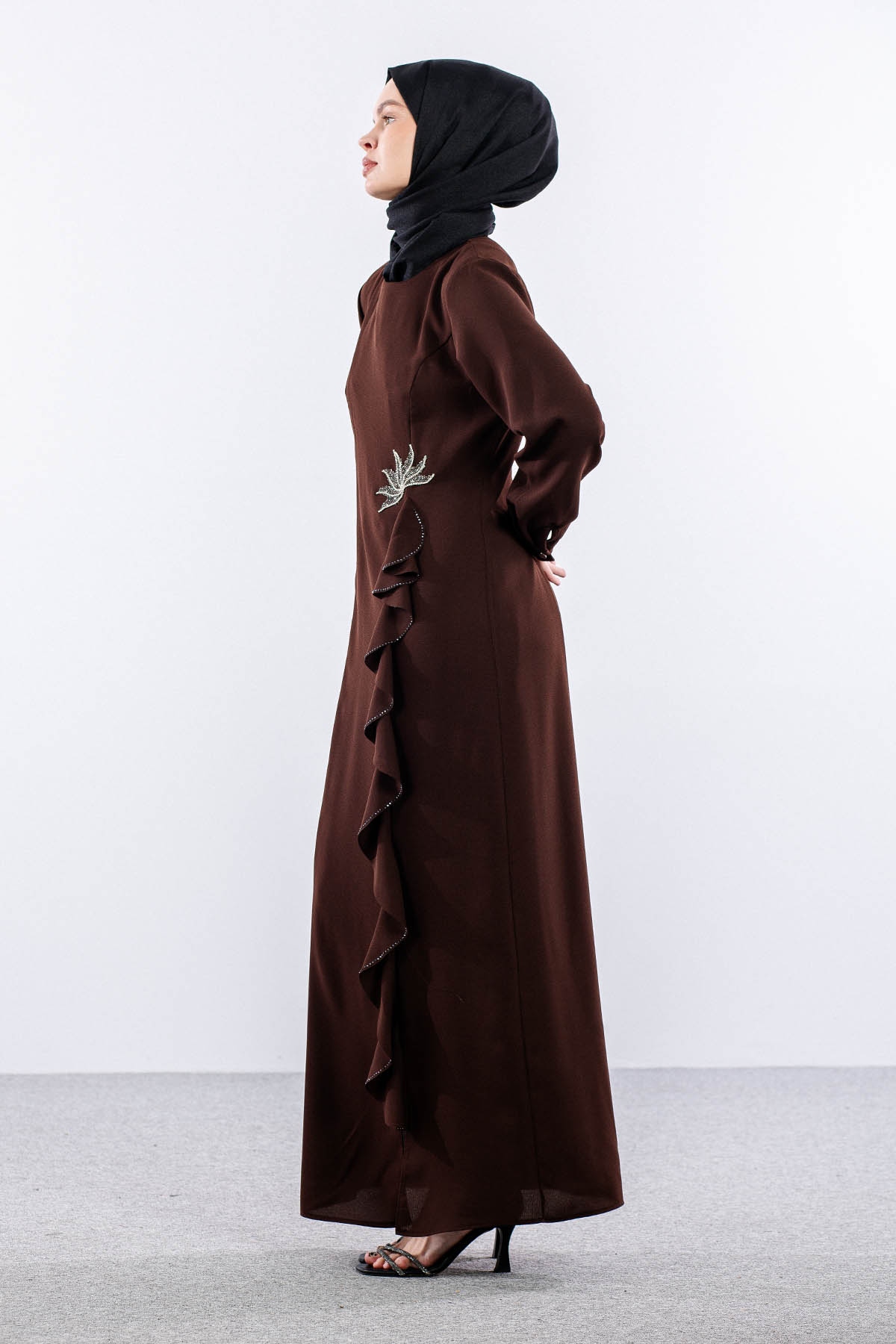 2547 Elbise 44-52 Şık Volan Detay - Kahve - 4