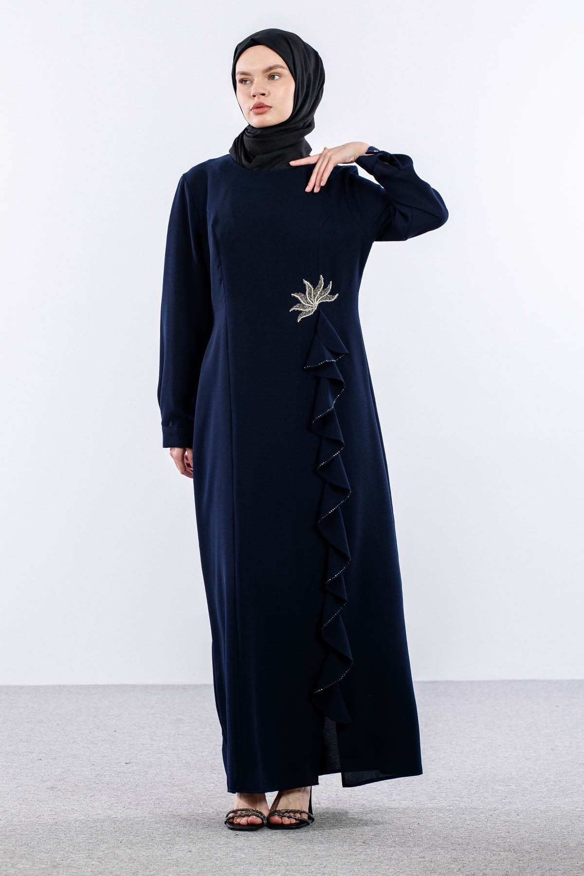 2547 Elbise 44-52 Şık Volan Detay - Lacivert - 2