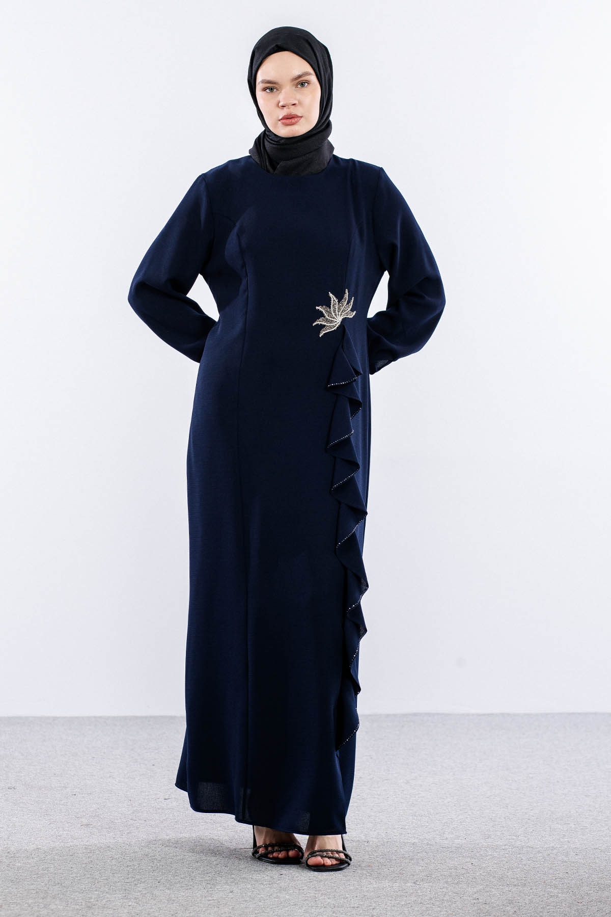 2547 Elbise 44-52 Şık Volan Detay - Lacivert - 3