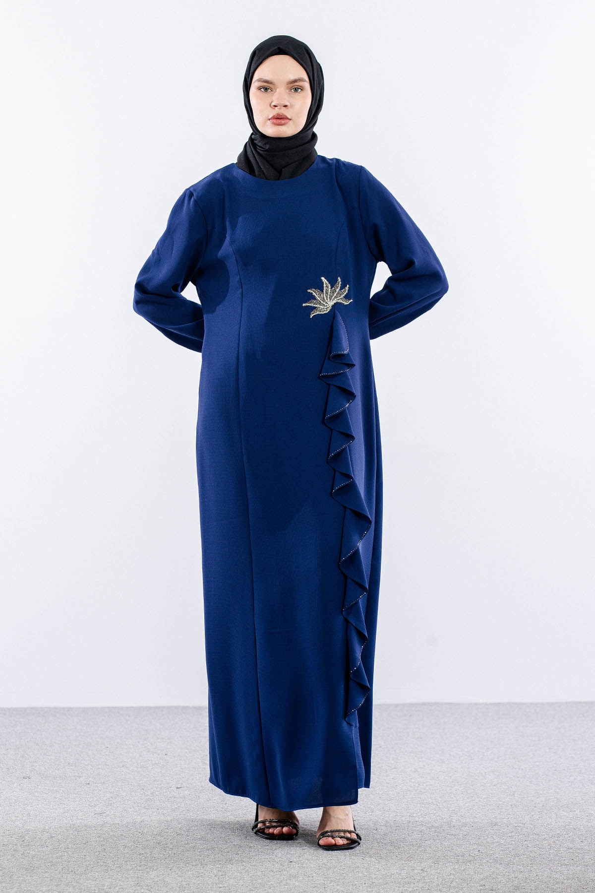 2547 Elbise 44-52 Şık Volan Detay - Sax - 1