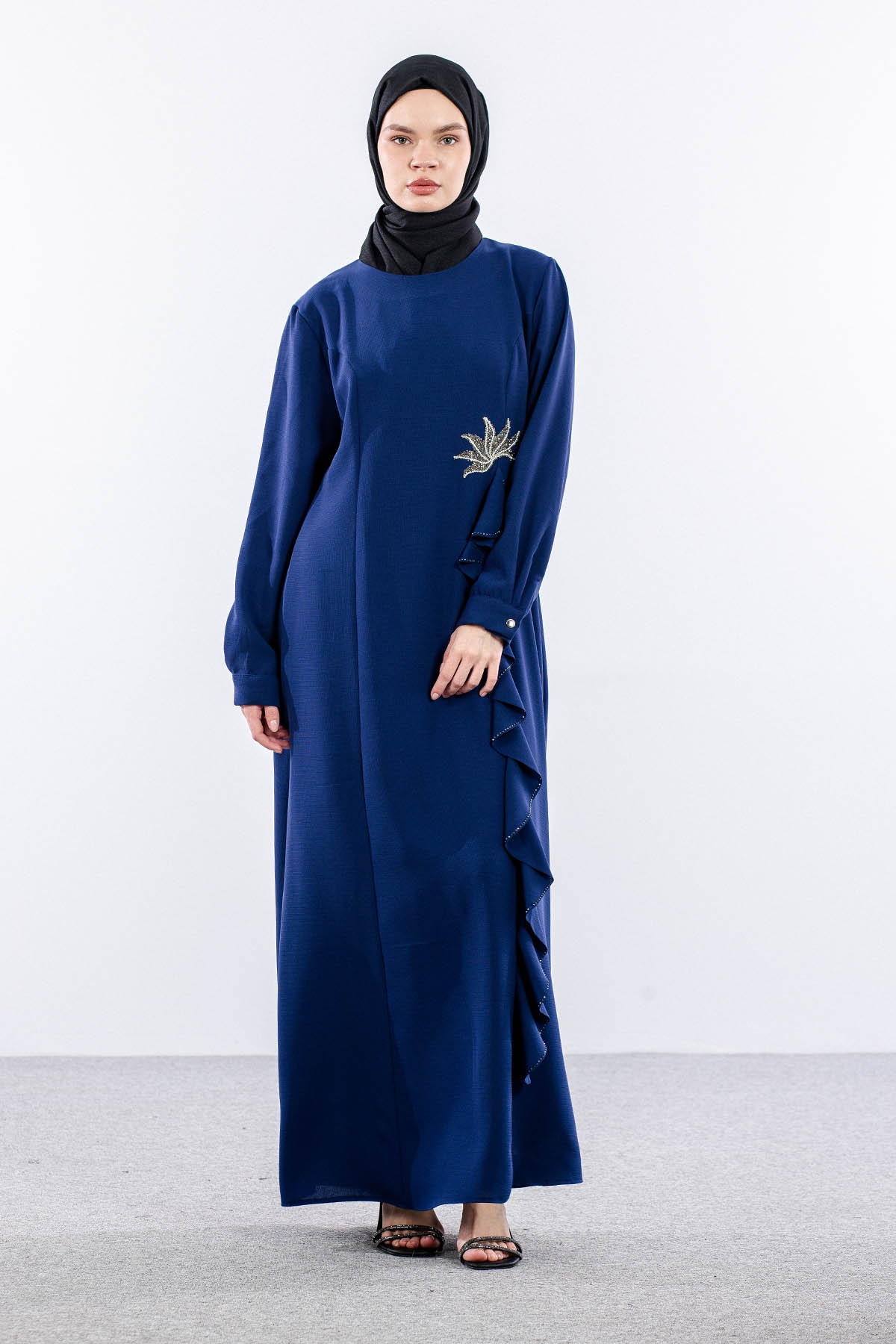 2547 Elbise 44-52 Şık Volan Detay - Sax - 3