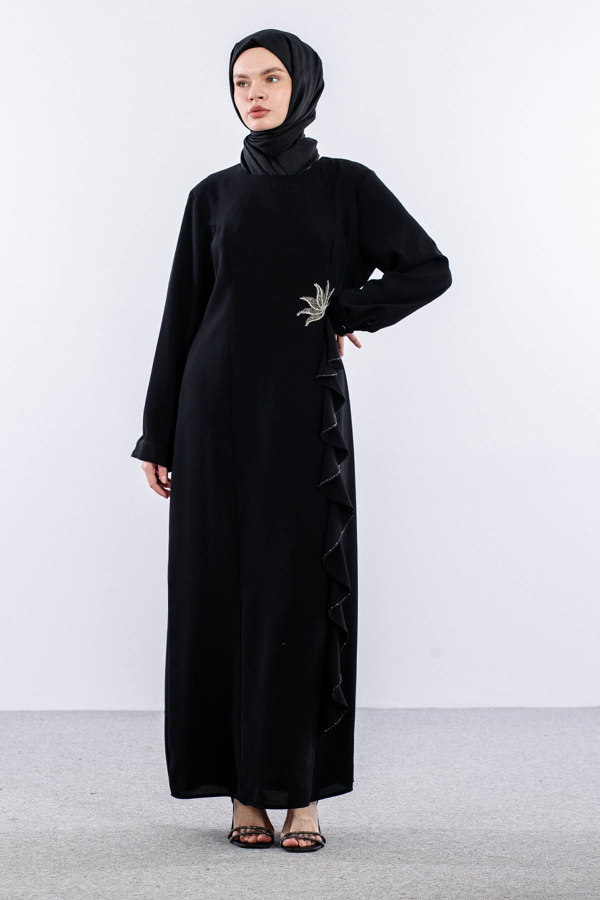 2547 Elbise 44-52 Şık Volan Detay - Siyah - 1