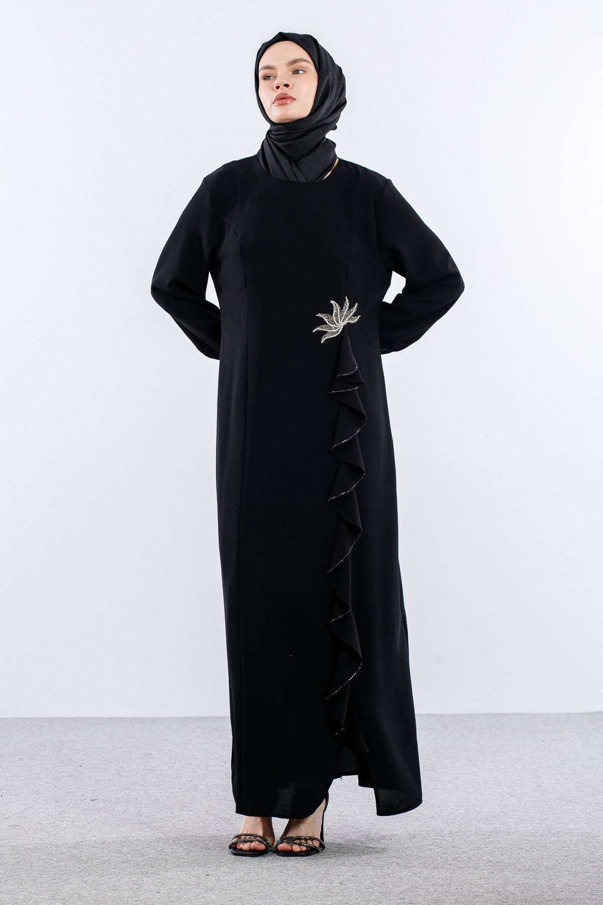 2547 Elbise 44-52 Şık Volan Detay - Siyah - 2