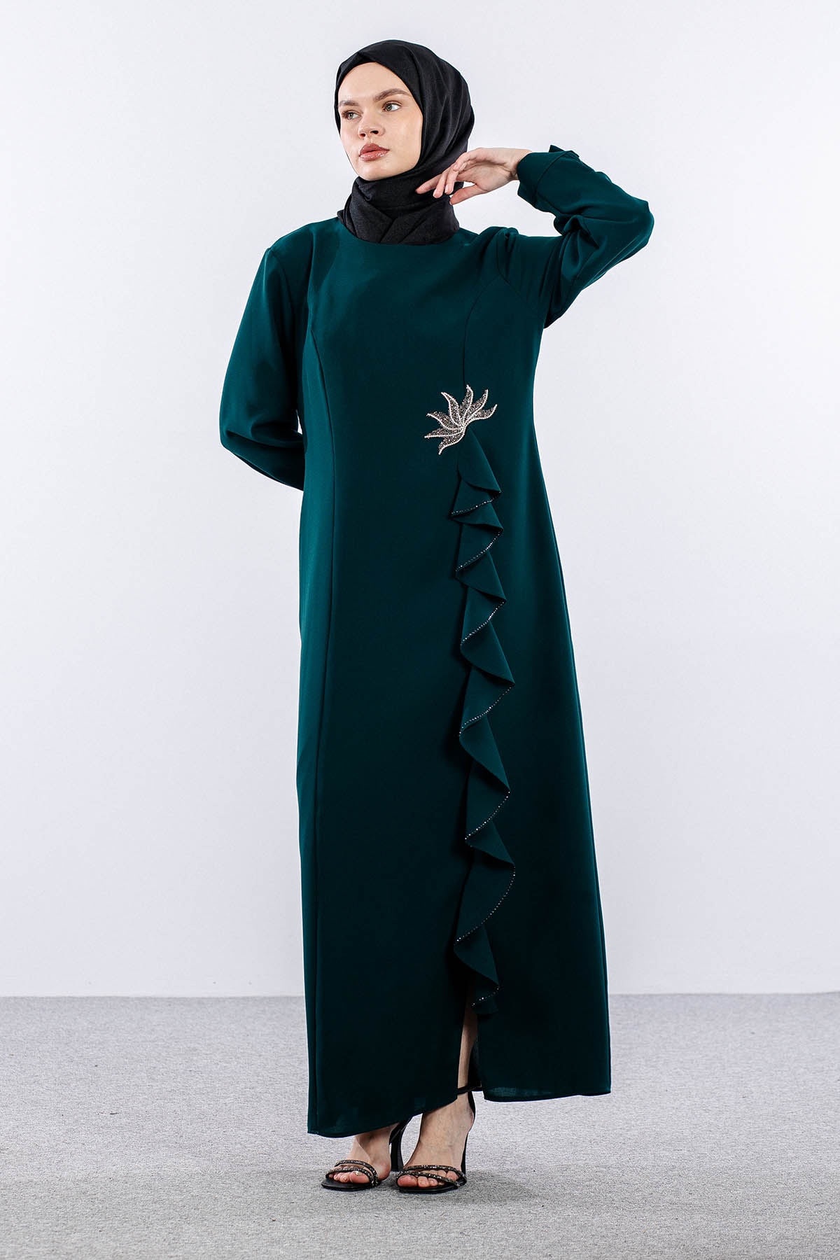 2547 Elbise 44-52 Şık Volan Detay - Zumrut - 1