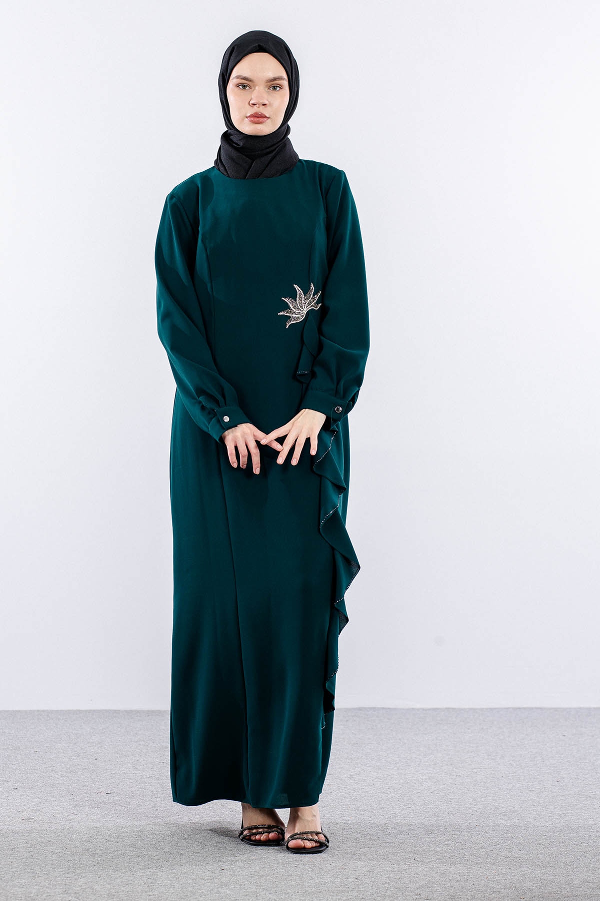 2547 Elbise 44-52 Şık Volan Detay - Zumrut - 2