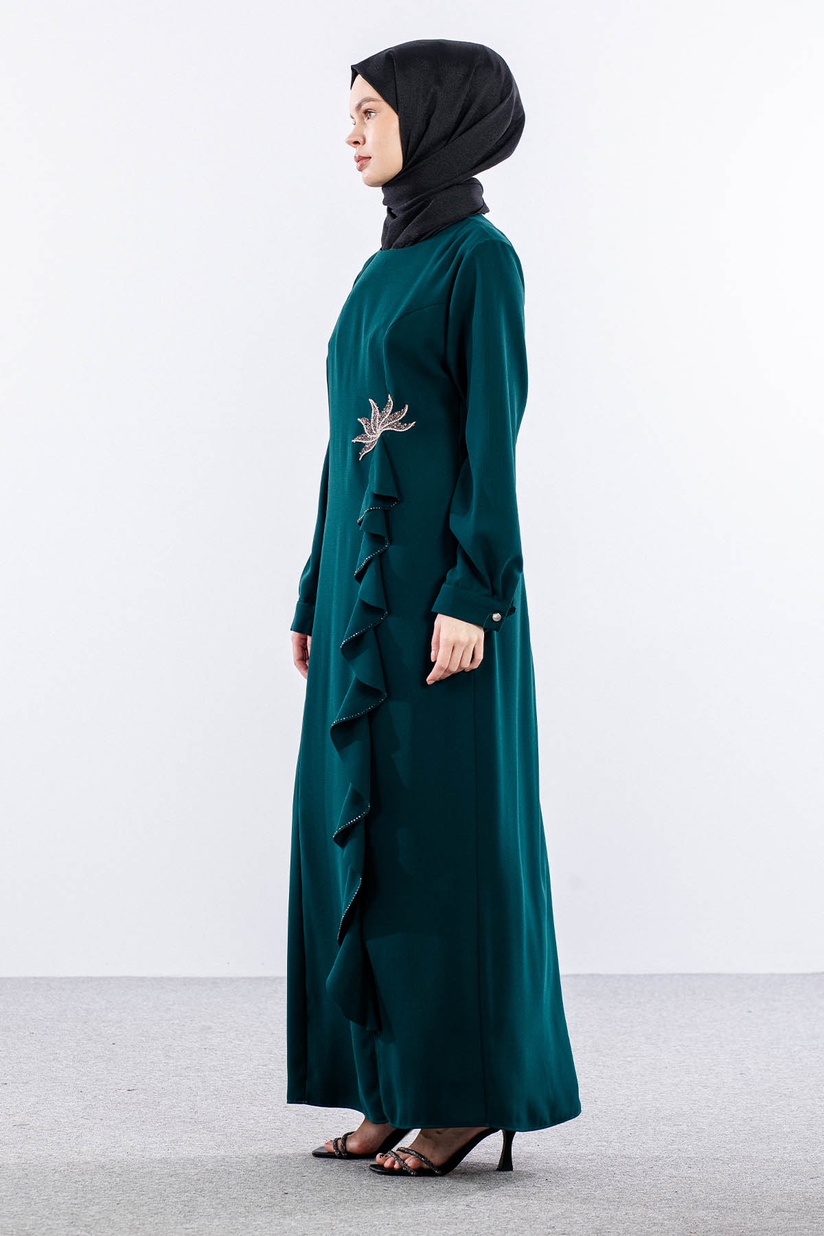 2547 Elbise 44-52 Şık Volan Detay - Zumrut - 5