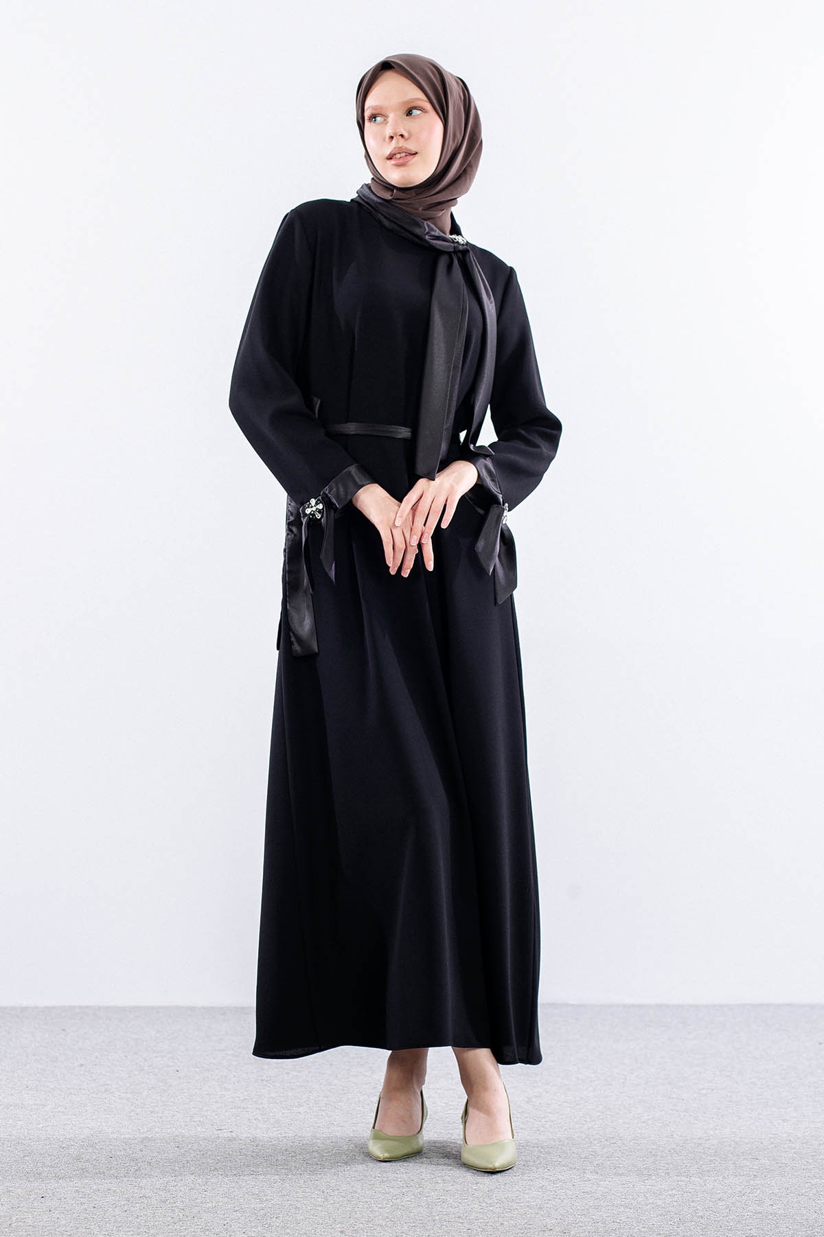 2555 Elbise 44-52 Flar Detay - Siyah - 1