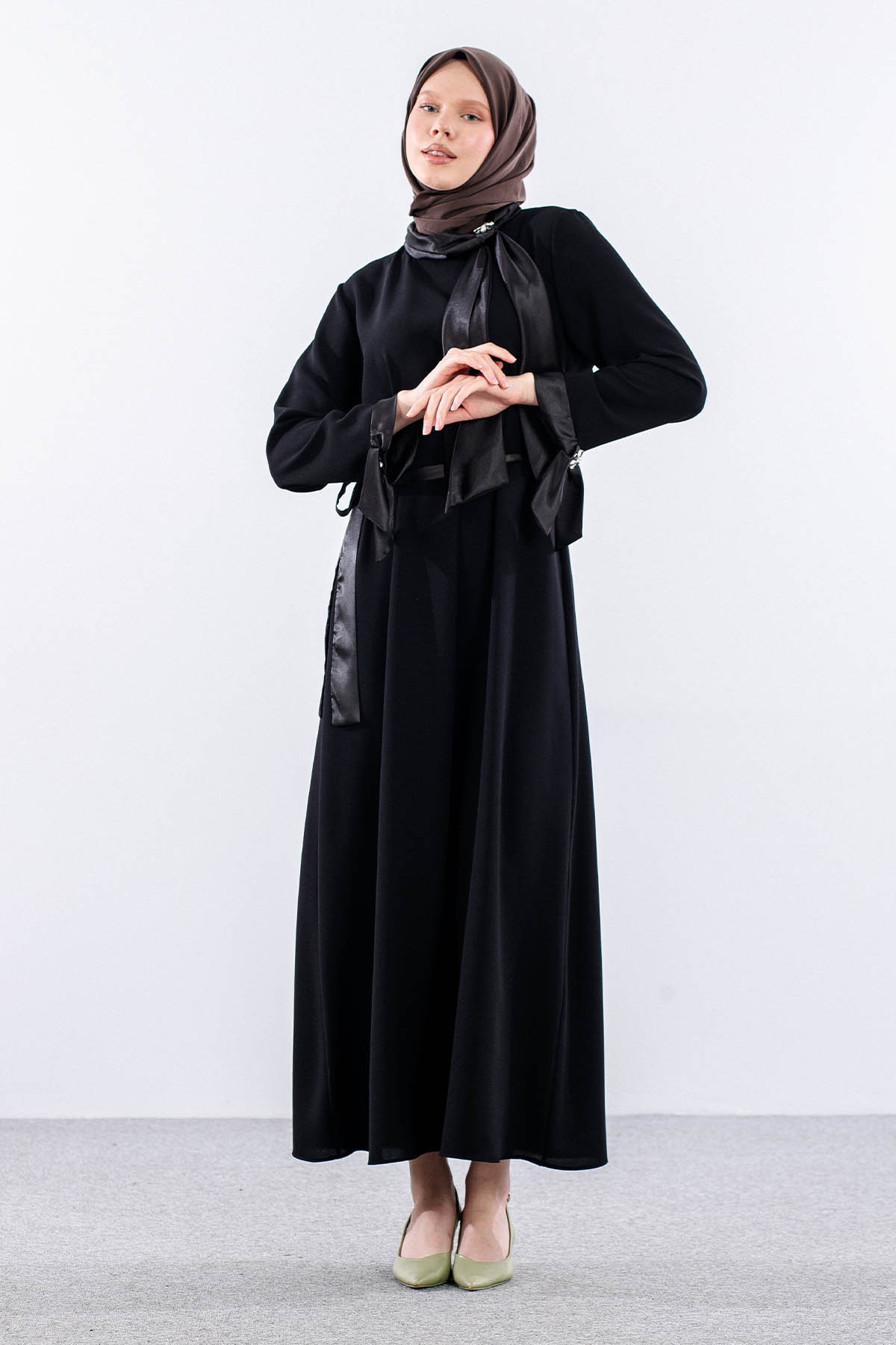 2555 Elbise 44-52 Flar Detay - Siyah - 2