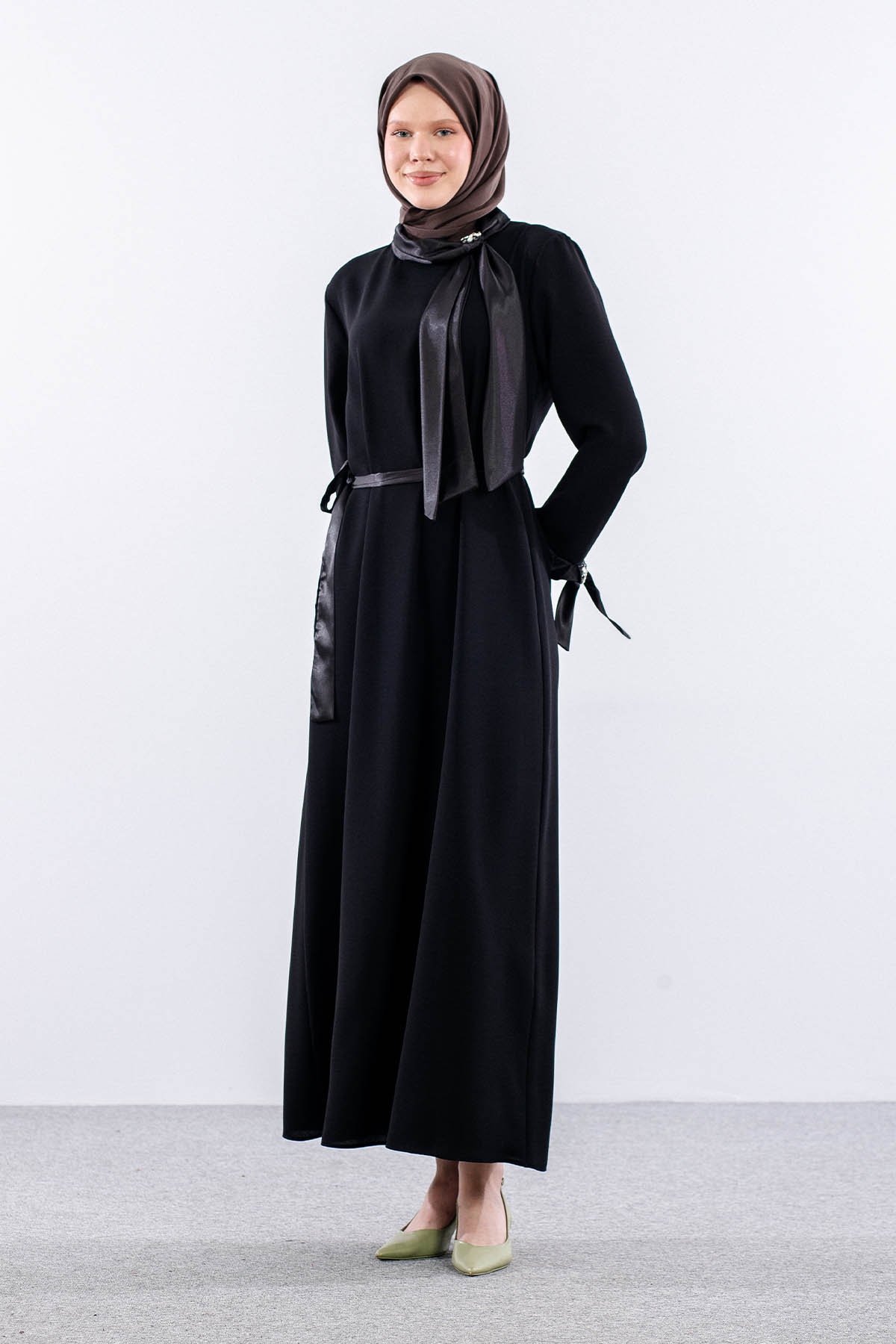 2555 Elbise 44-52 Flar Detay - Siyah - 3