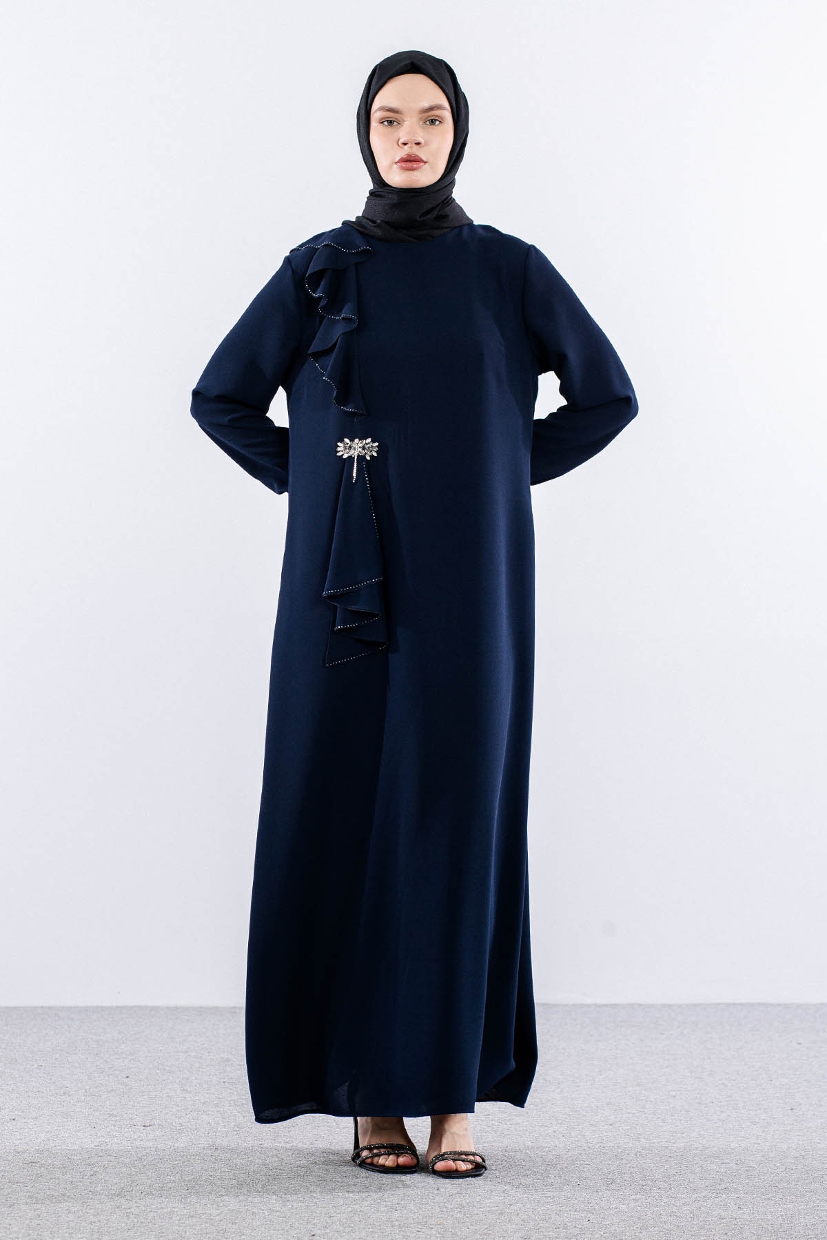 2559 Elbise 42-50 Şık Tas Detay - Lacivert - 1