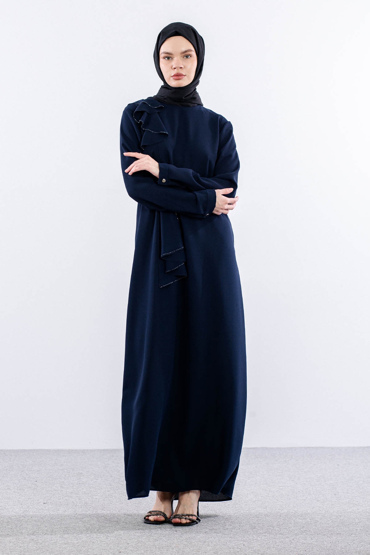 2559 Elbise 42-50 Şık Tas Detay - Lacivert - 2