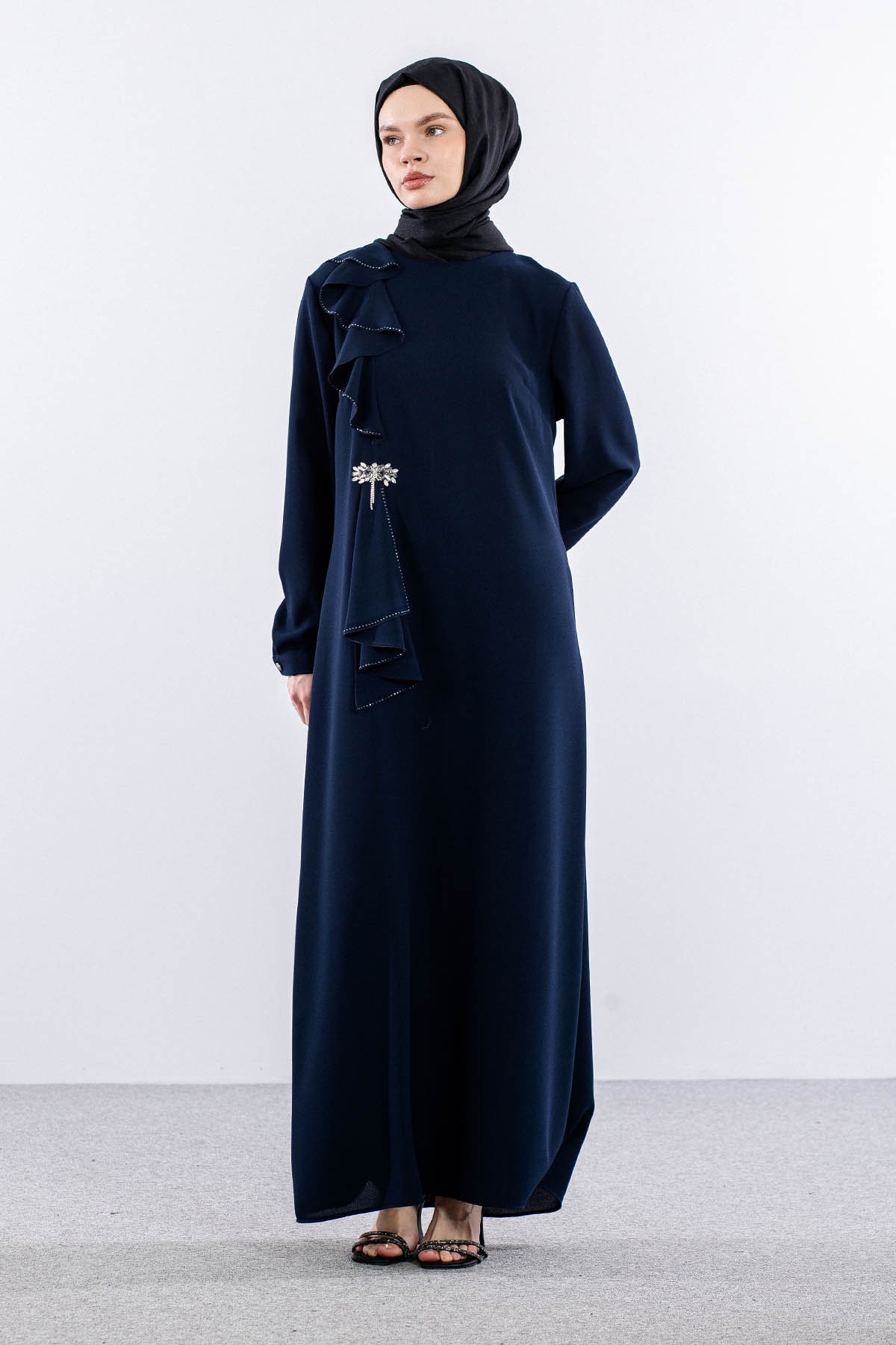 2559 Elbise 42-50 Şık Tas Detay - Lacivert - 3