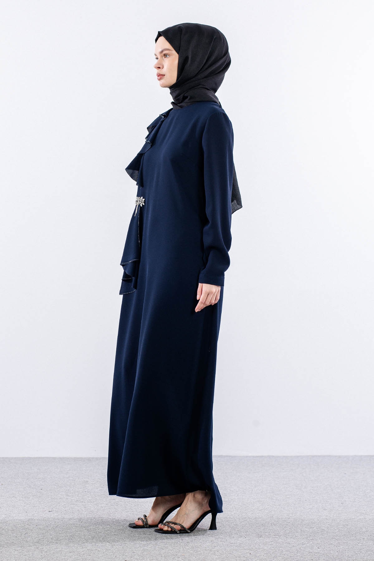 2559 Elbise 42-50 Şık Tas Detay - Lacivert - 4