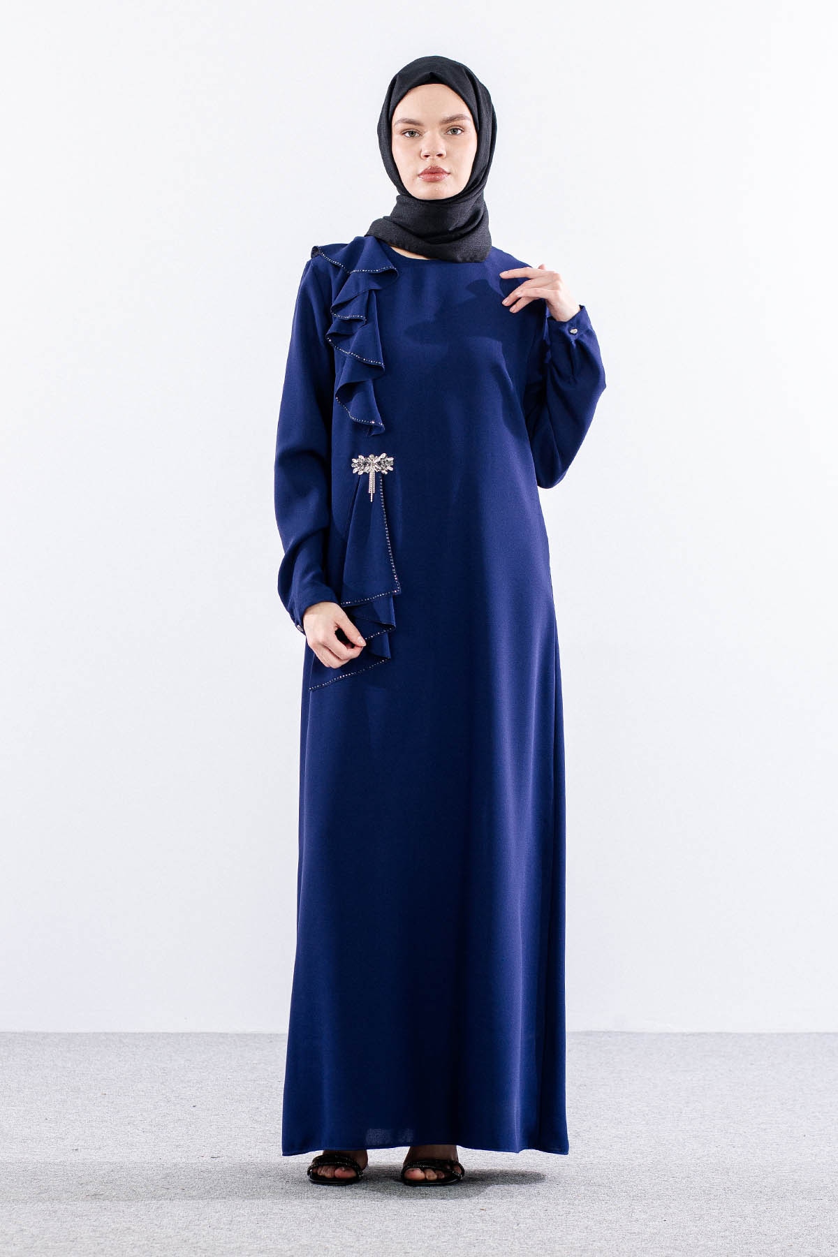 2559 Elbise 42-50 Şık Tas Detay - Sax - 1