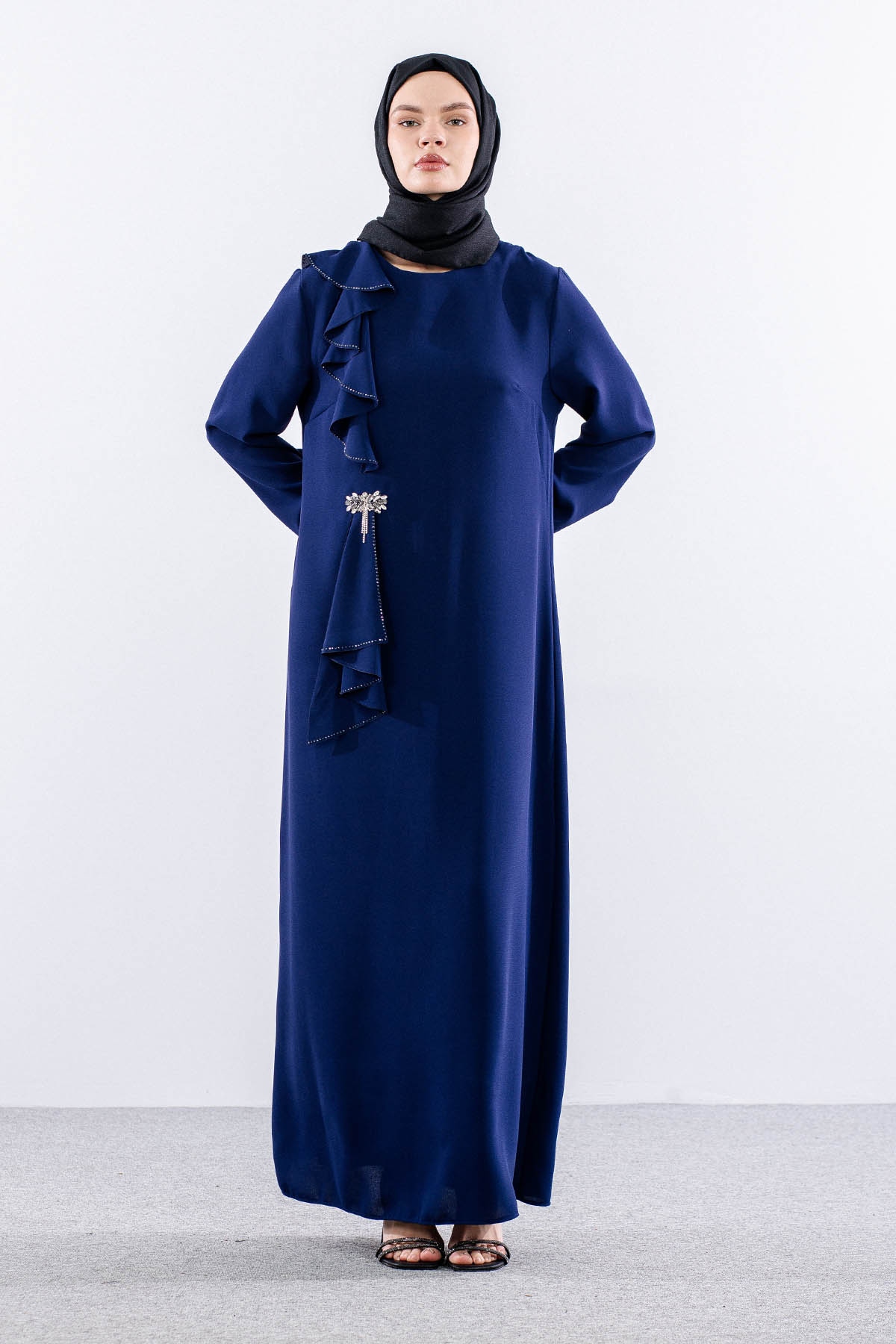 2559 Elbise 42-50 Şık Tas Detay - Sax - 2