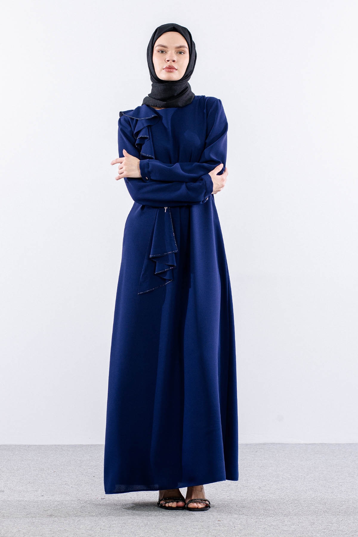 2559 Elbise 42-50 Şık Tas Detay - Sax - 3