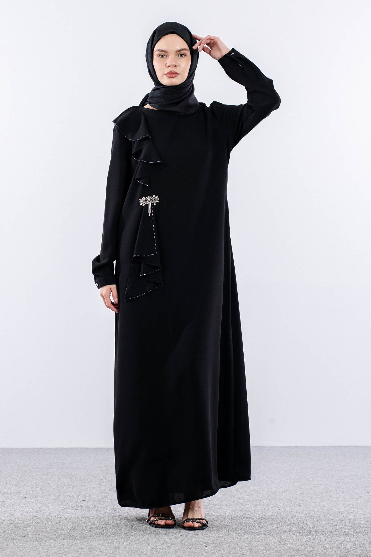 2559 Elbise 42-50 Şık Tas Detay - Siyah - 2