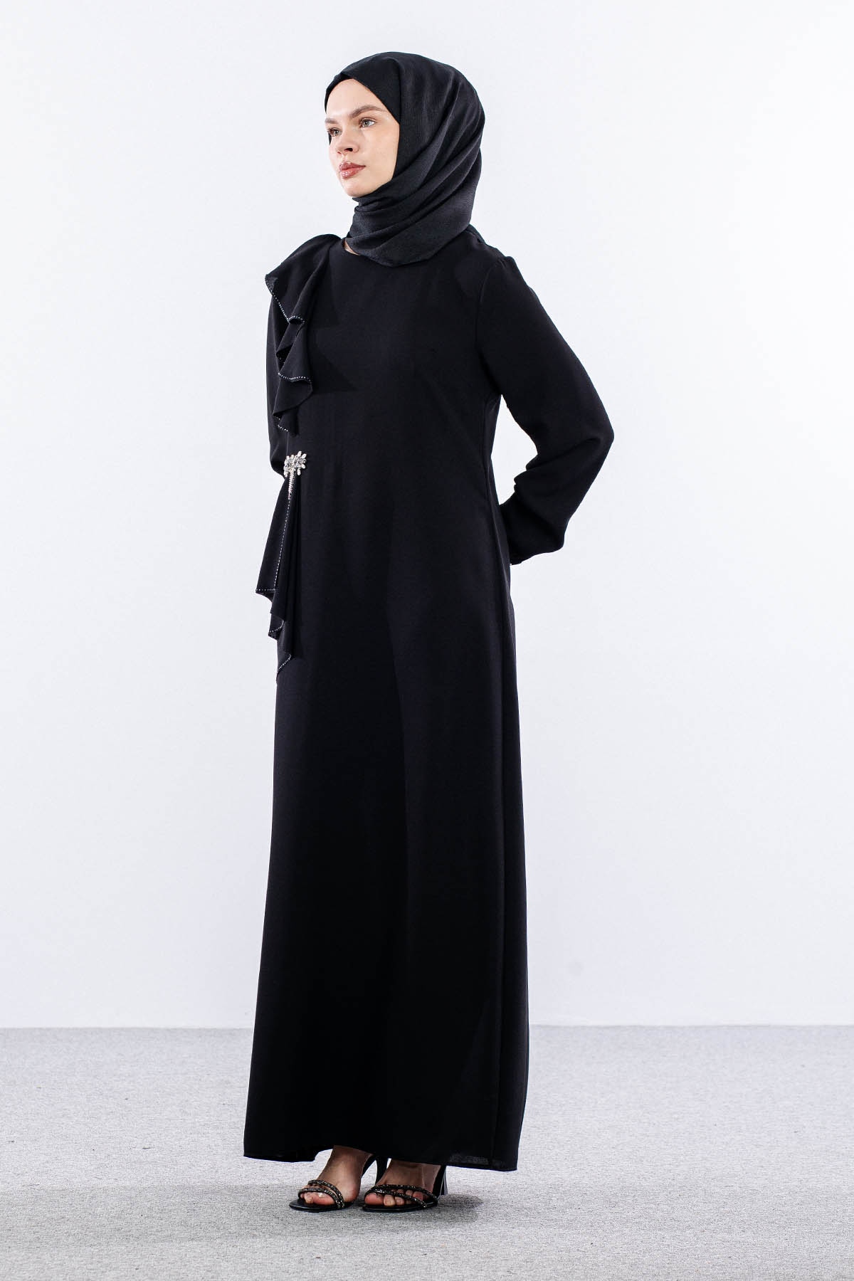 2559 Elbise 42-50 Şık Tas Detay - Siyah - 3