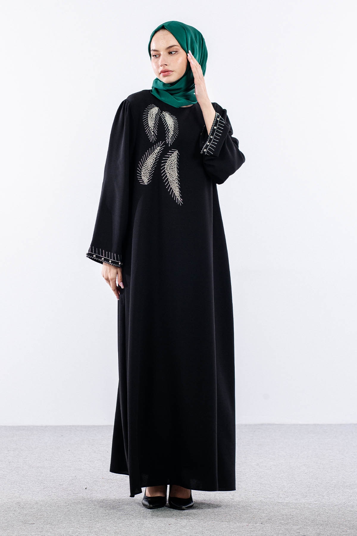 2561 Elbise 44-52 Kol Ve Yan Tas Detay - Siyah - 1