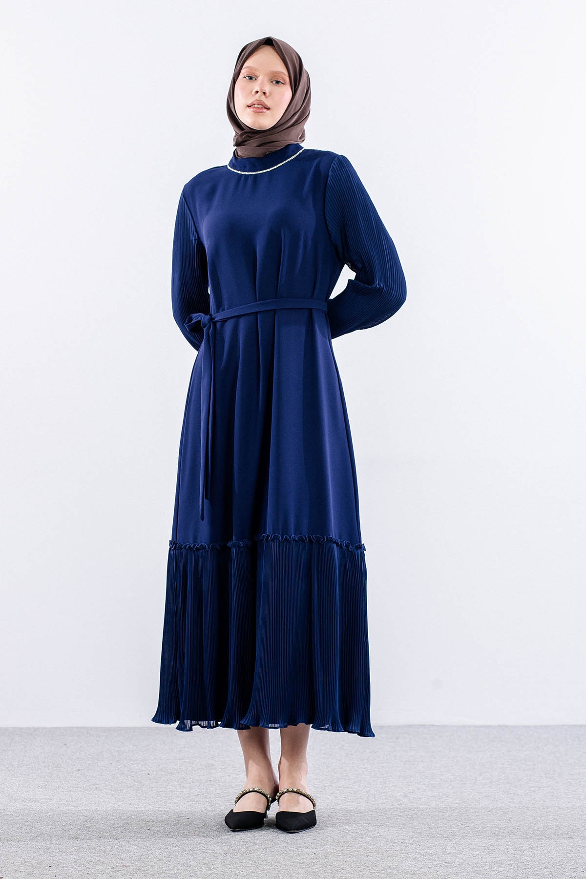 2565 Elbise 42-50 Plise Detay - Sax - 1