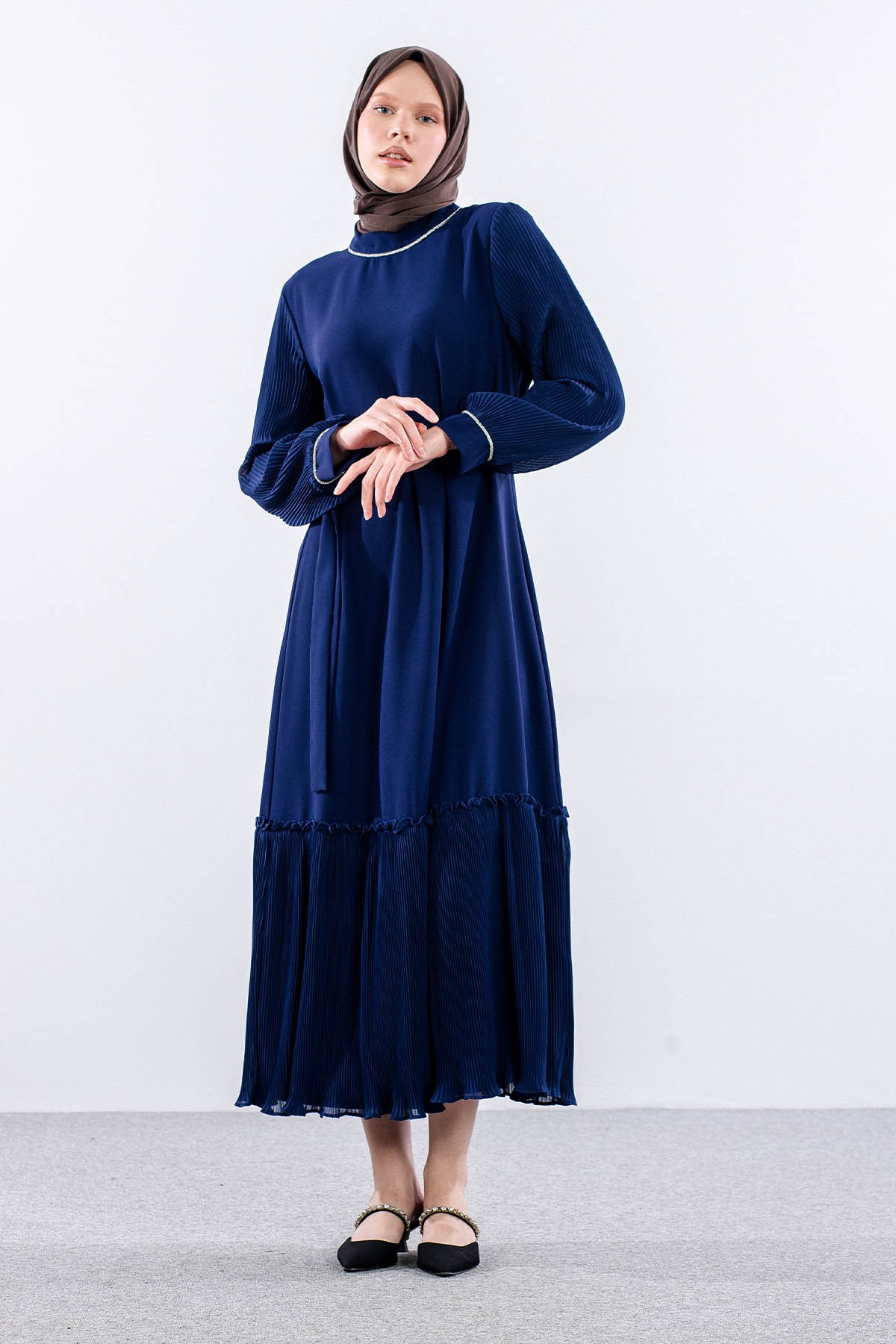 2565 Elbise 42-50 Plise Detay - Sax - 2