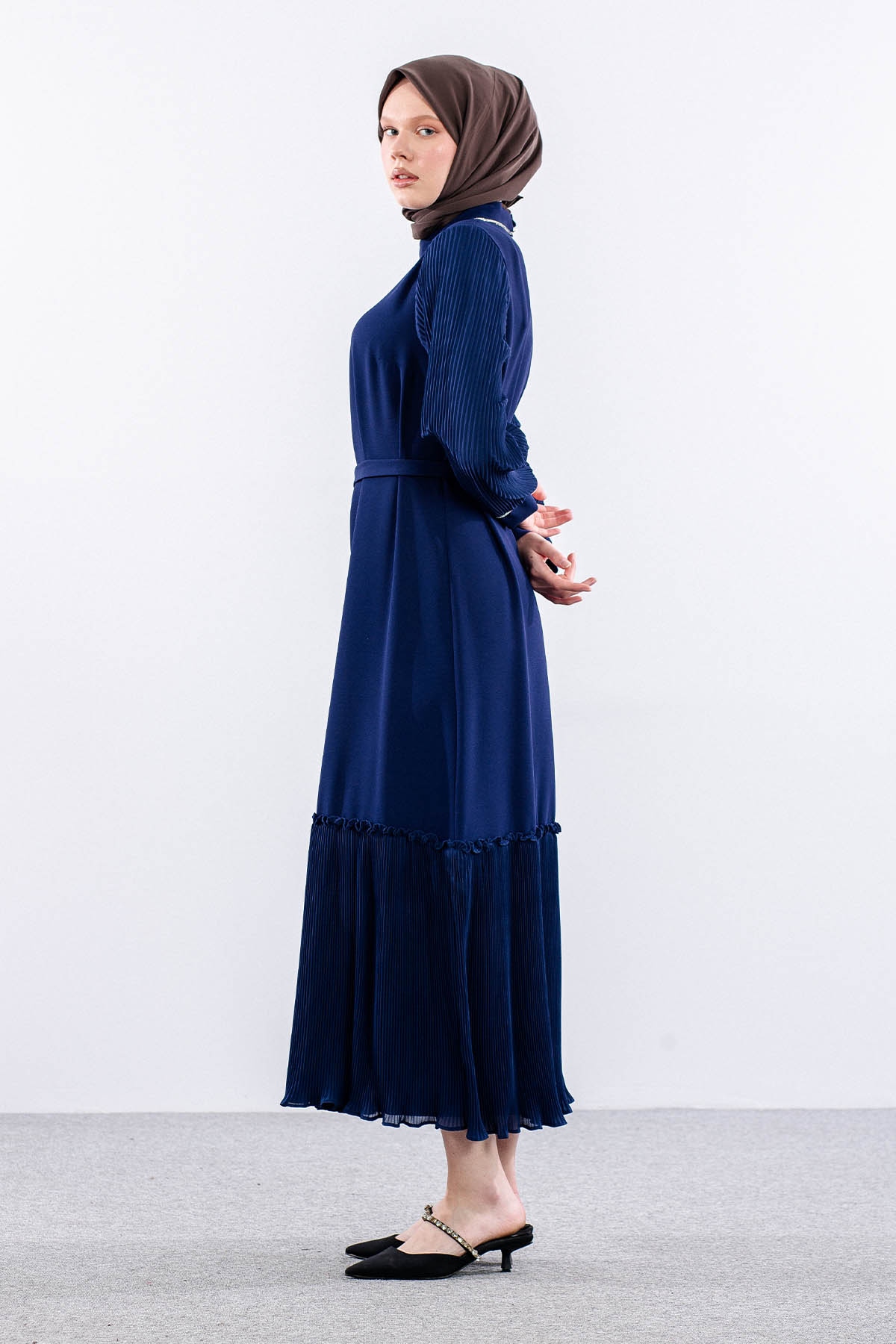 2565 Elbise 42-50 Plise Detay - Sax - 3