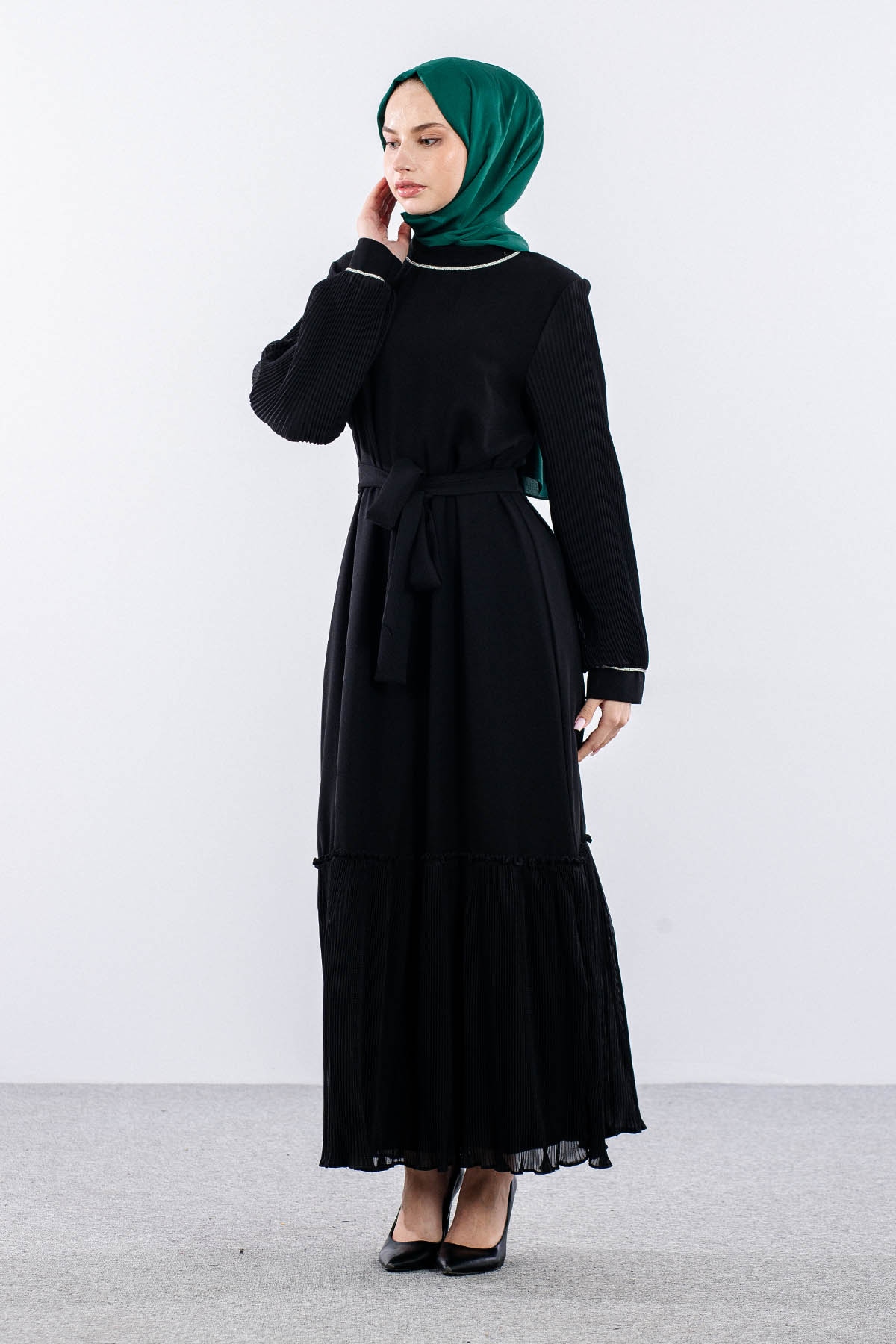 2565 Elbise 42-50 Plise Detay - Siyah - 3