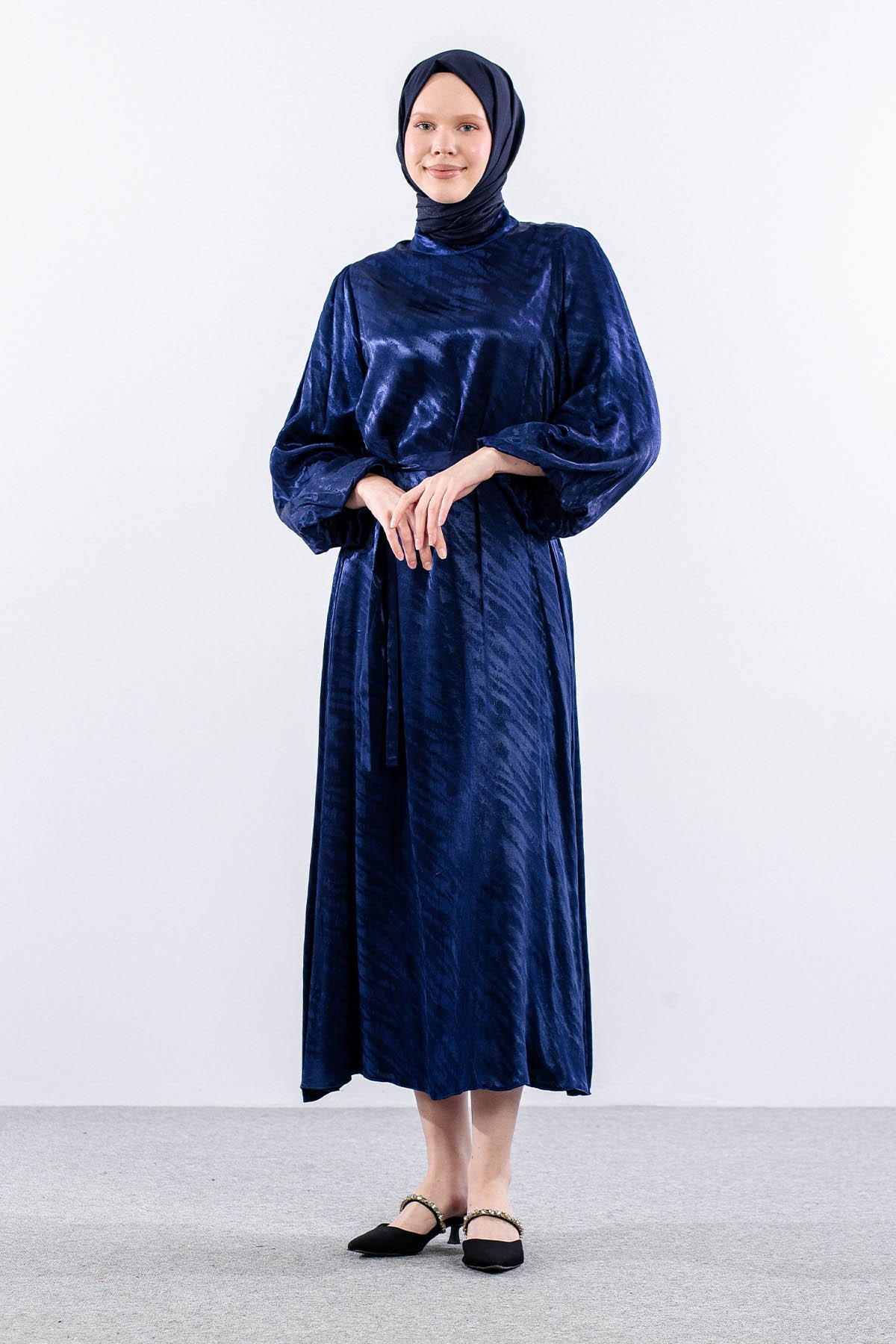 2573 Elbise 36-44 Balon Kol Saten Jakar Detay - Lacivert - 2