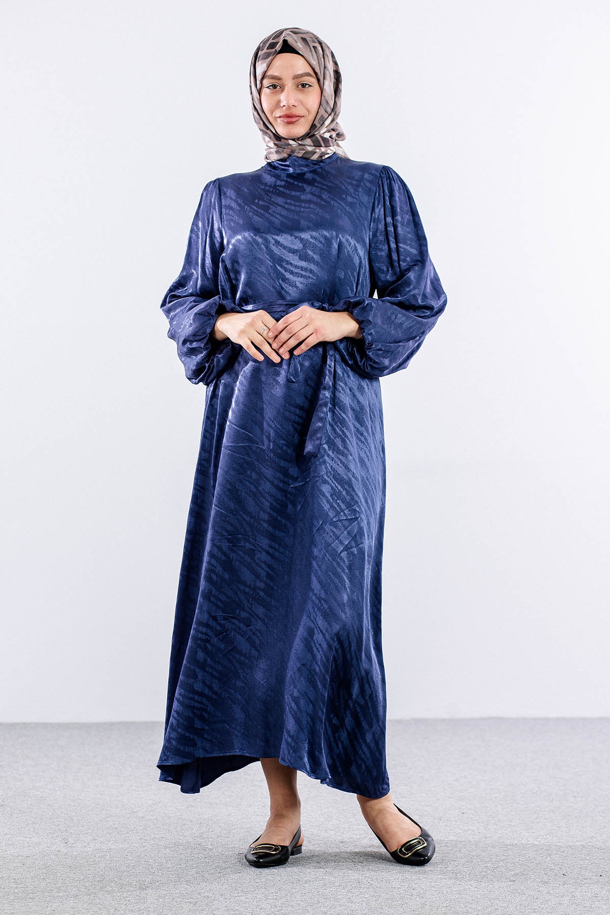 2573 Elbise 36-44 Saten - Lacivert - 1