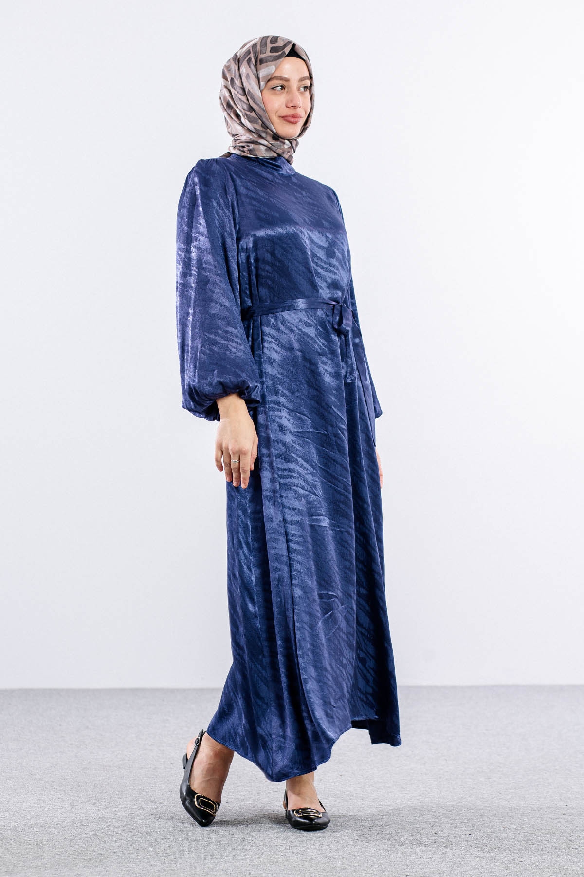 2573 Elbise 36-44 Saten - Lacivert - 2