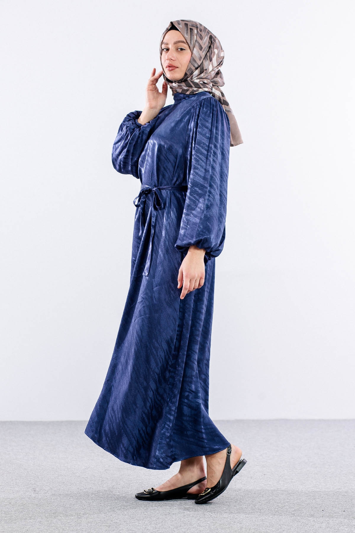 2573 Elbise 36-44 Saten - Lacivert - 3