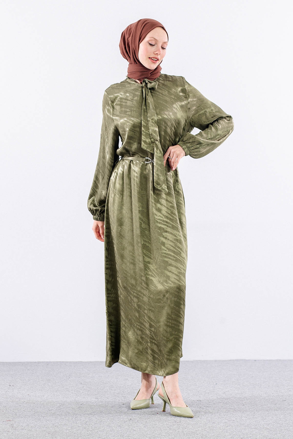 2575 Elbise 40-48 Saten Jakar - Haki - 2