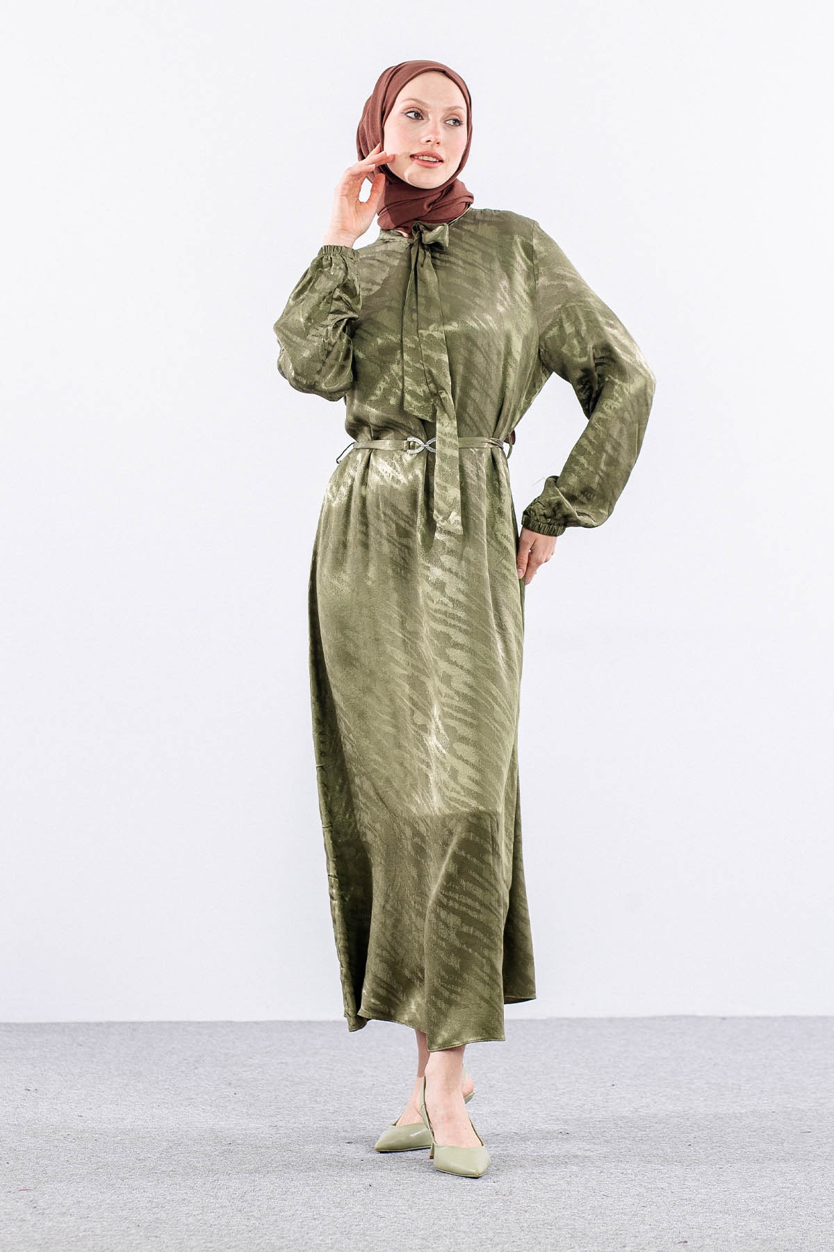 2575 Elbise 40-48 Saten Jakar - Haki - 3