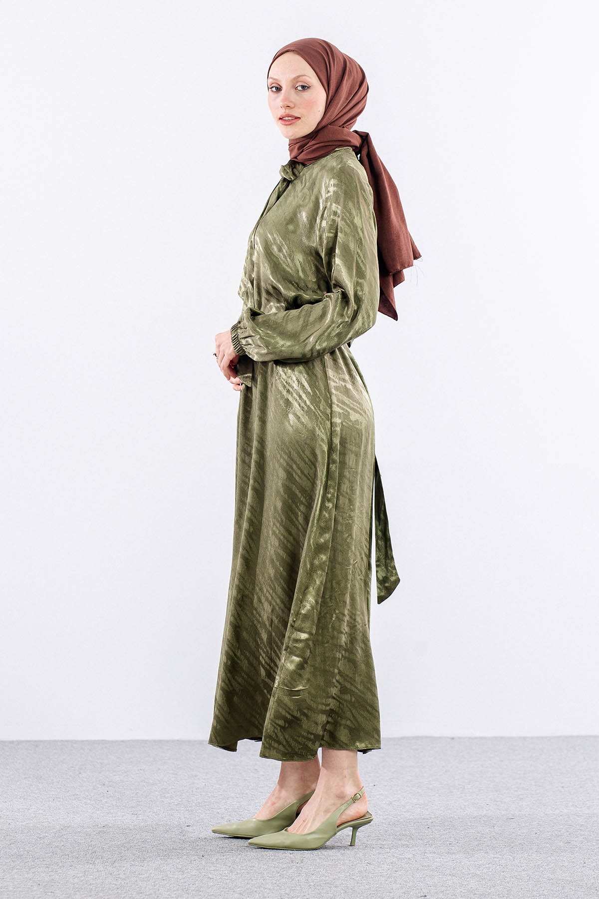 2575 Elbise 40-48 Saten Jakar - Haki - 5