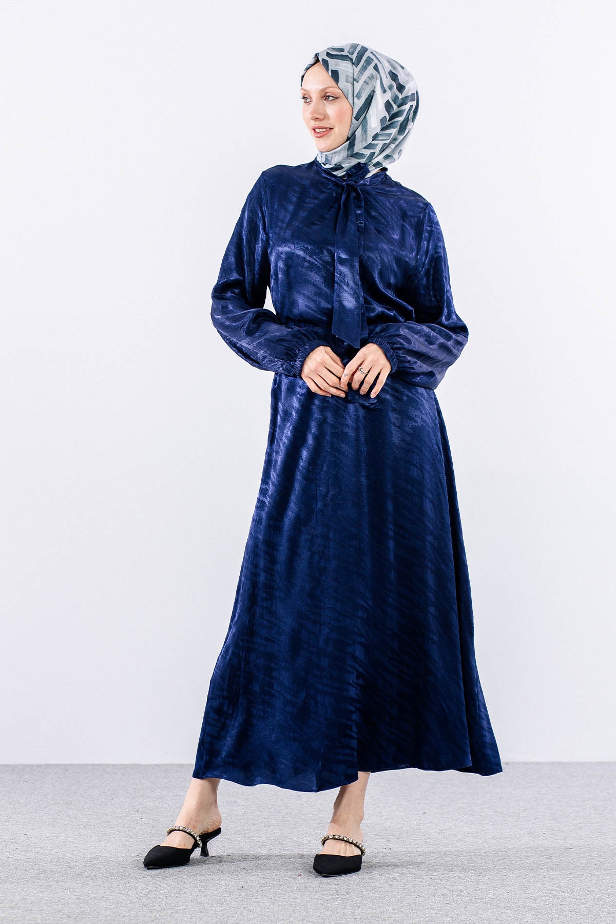 2575 Elbise 40-48 Saten Jakar - Lacivert - 1